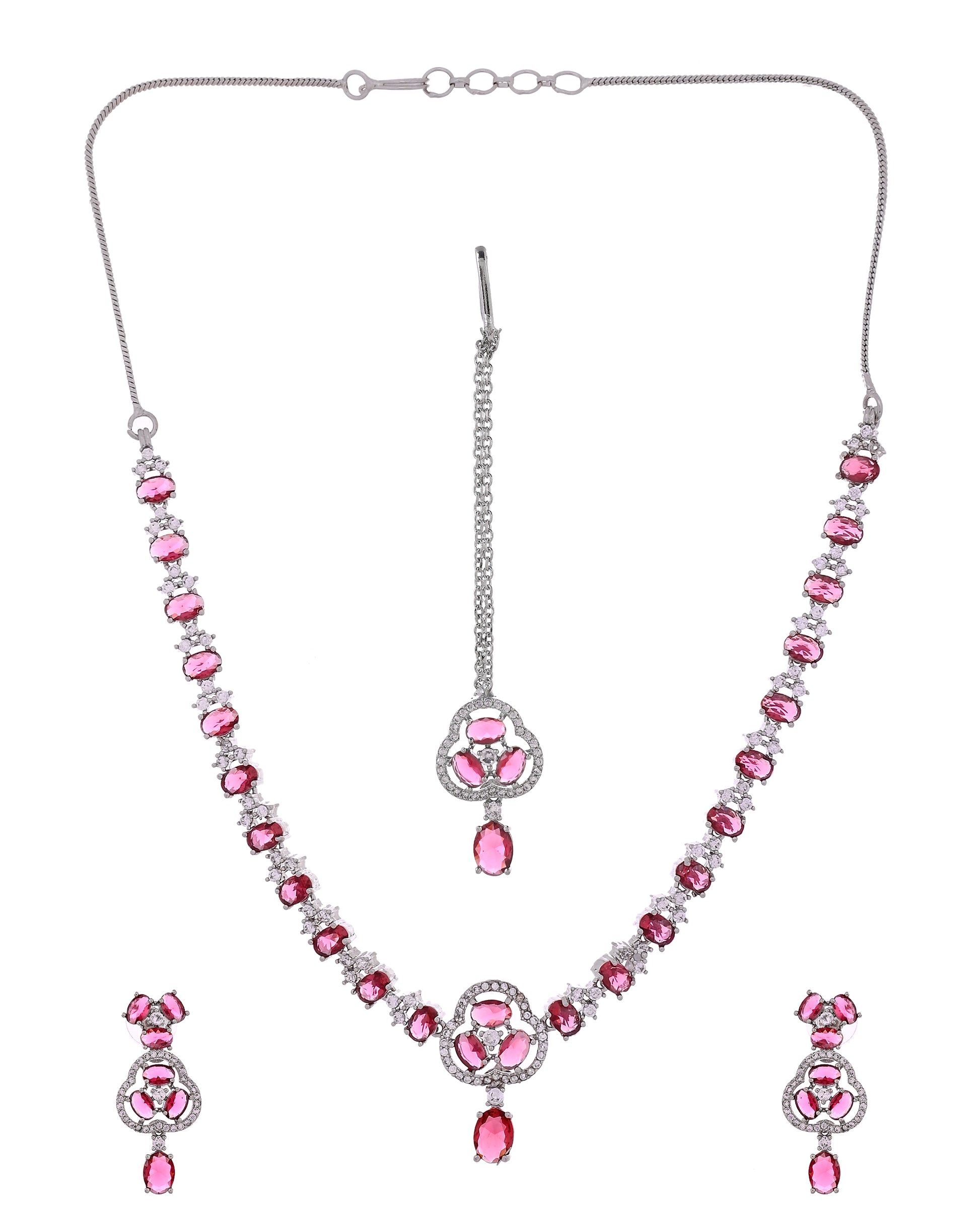VOJ Silver Plated Ruby Red Stone Studded Ad Jewellery Set With Maang Tikka - Dista