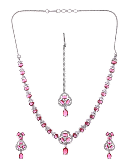 VOJ Silver Plated Ruby Red Stone Studded Ad Jewellery Set With Maang Tikka - Dista