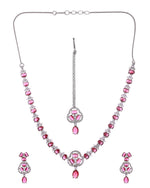 Thumbnail for VOJ Silver Plated Ruby Red Stone Studded Ad Jewellery Set With Maang Tikka - Dista
