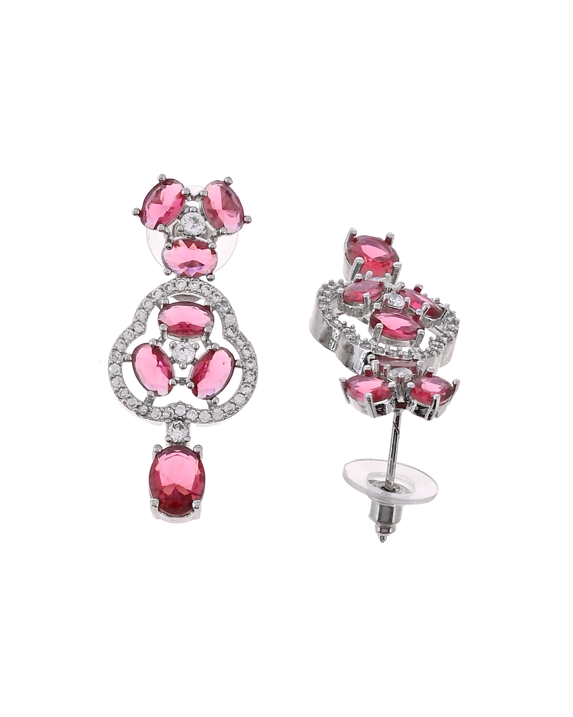 VOJ Silver Plated Ruby Red Stone Studded Ad Jewellery Set With Maang Tikka - Dista