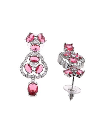 VOJ Silver Plated Ruby Red Stone Studded Ad Jewellery Set With Maang Tikka - Dista