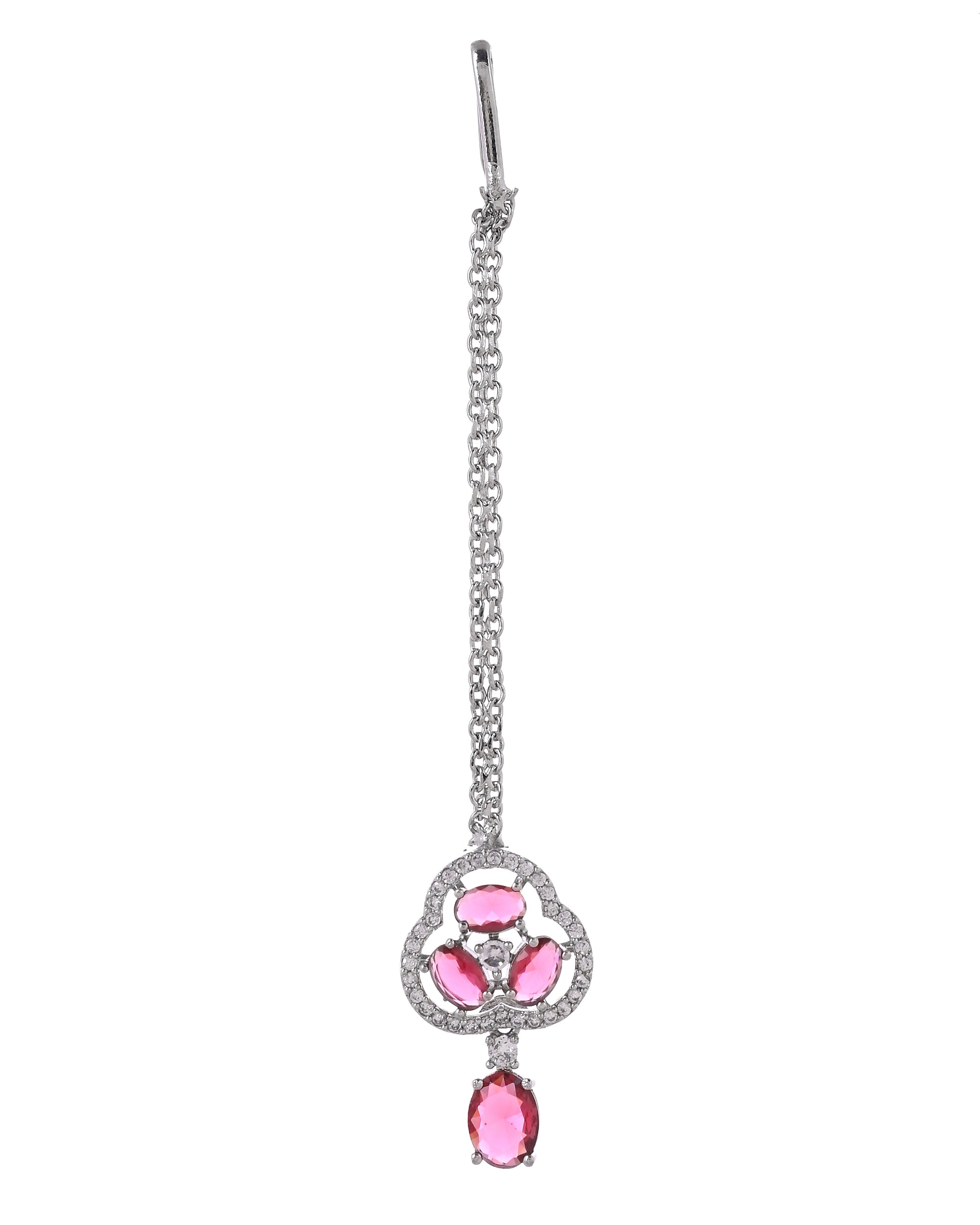 VOJ Silver Plated Ruby Red Stone Studded Ad Jewellery Set With Maang Tikka - Dista