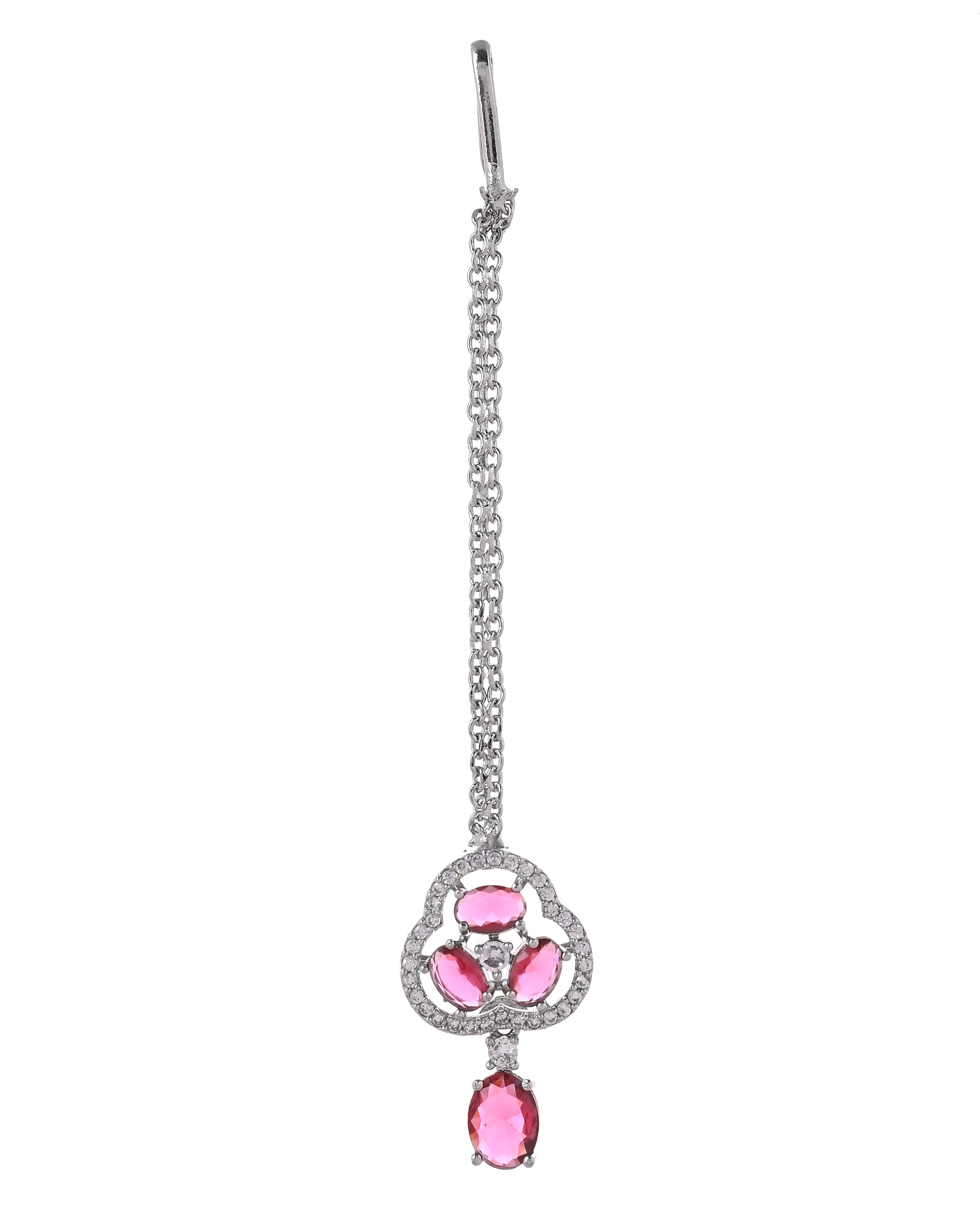 VOJ Silver Plated Ruby Red Stone Studded Ad Jewellery Set With Maang Tikka - Dista