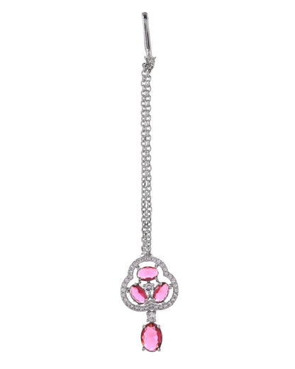 VOJ Silver Plated Ruby Red Stone Studded Ad Jewellery Set With Maang Tikka - Dista