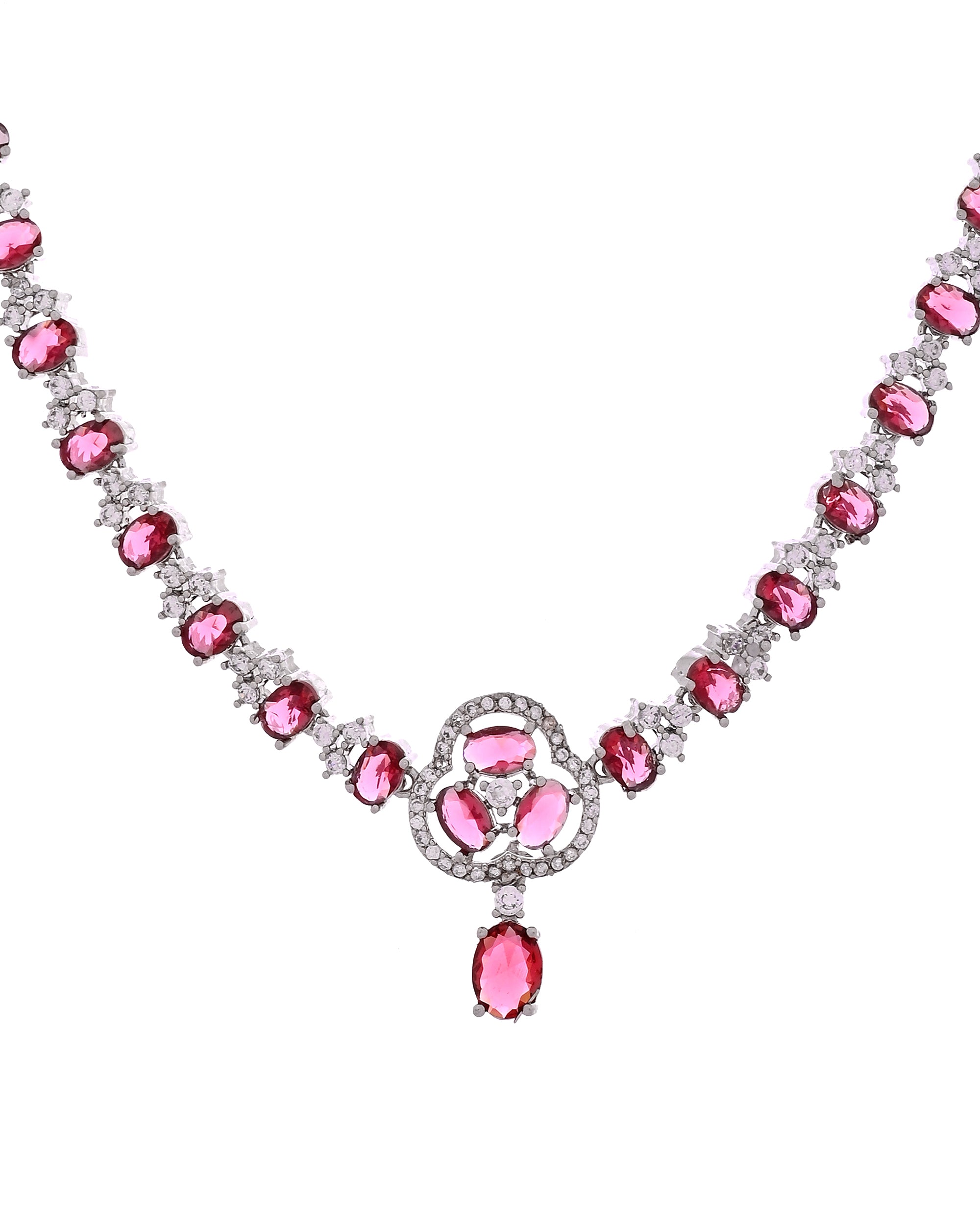 VOJ Silver Plated Ruby Red Stone Studded Ad Jewellery Set With Maang Tikka - Dista