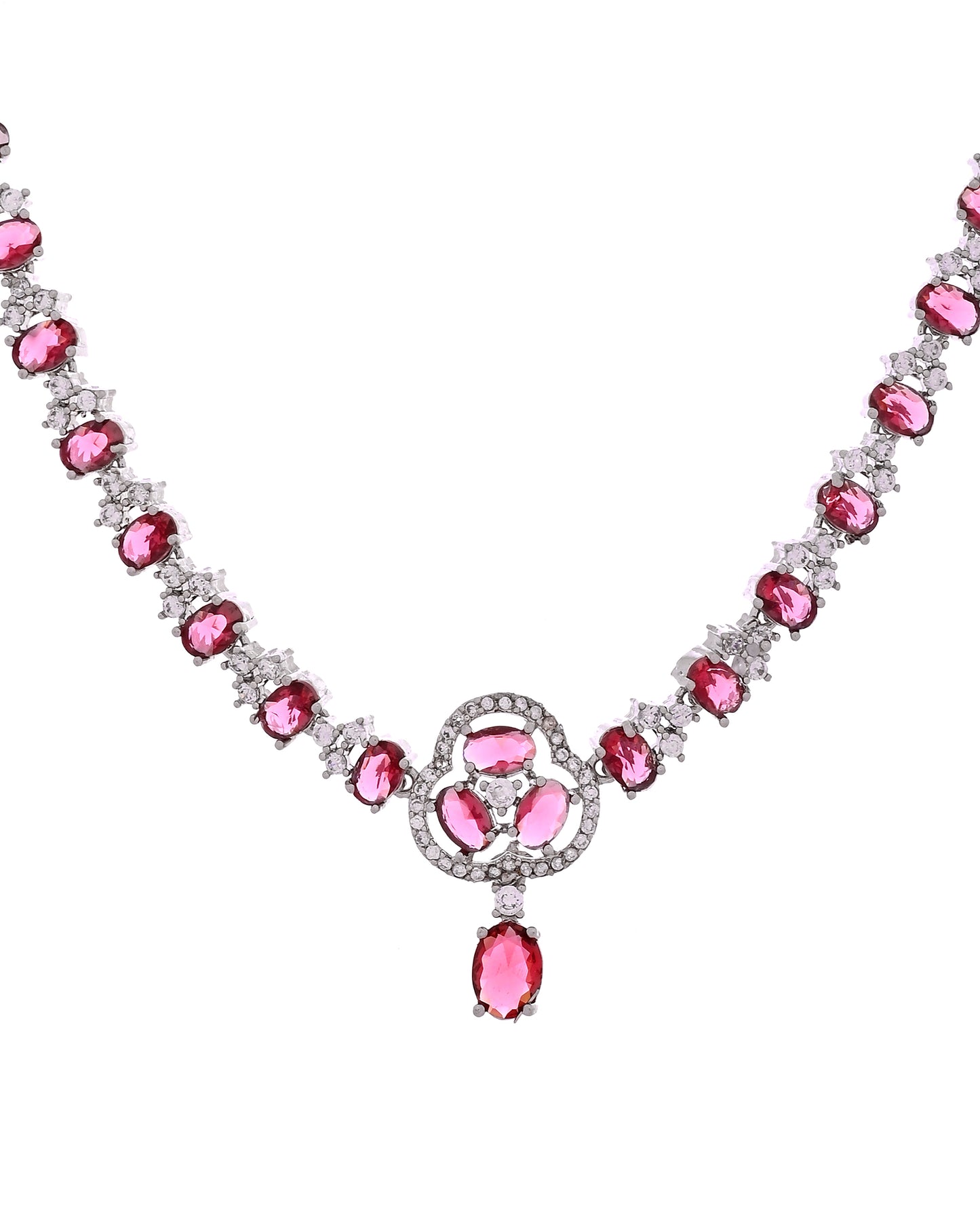 VOJ Silver Plated Ruby Red Stone Studded Ad Jewellery Set With Maang Tikka - Dista