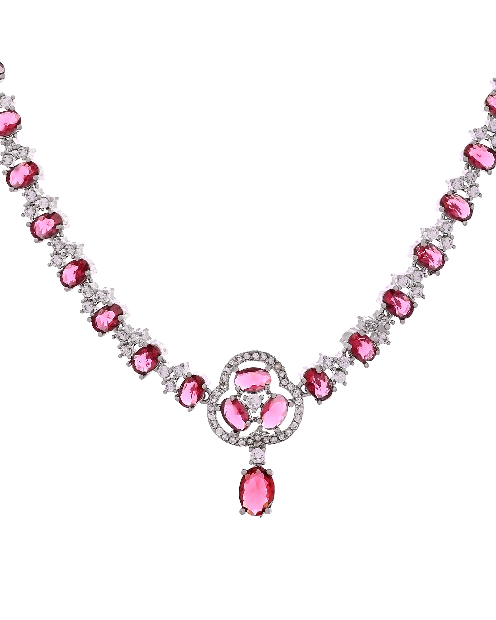 VOJ Silver Plated Ruby Red Stone Studded Ad Jewellery Set With Maang Tikka - Dista