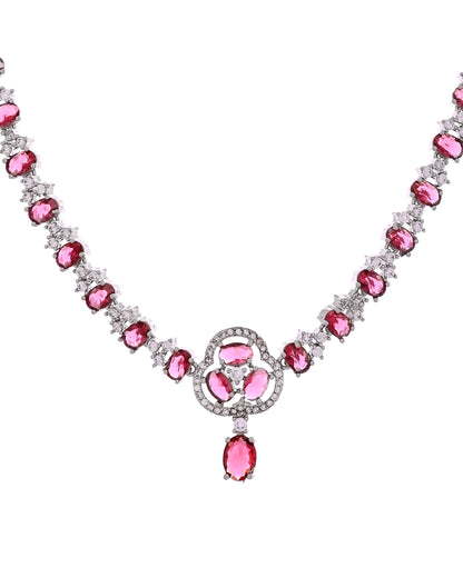 VOJ Silver Plated Ruby Red Stone Studded Ad Jewellery Set With Maang Tikka - Dista