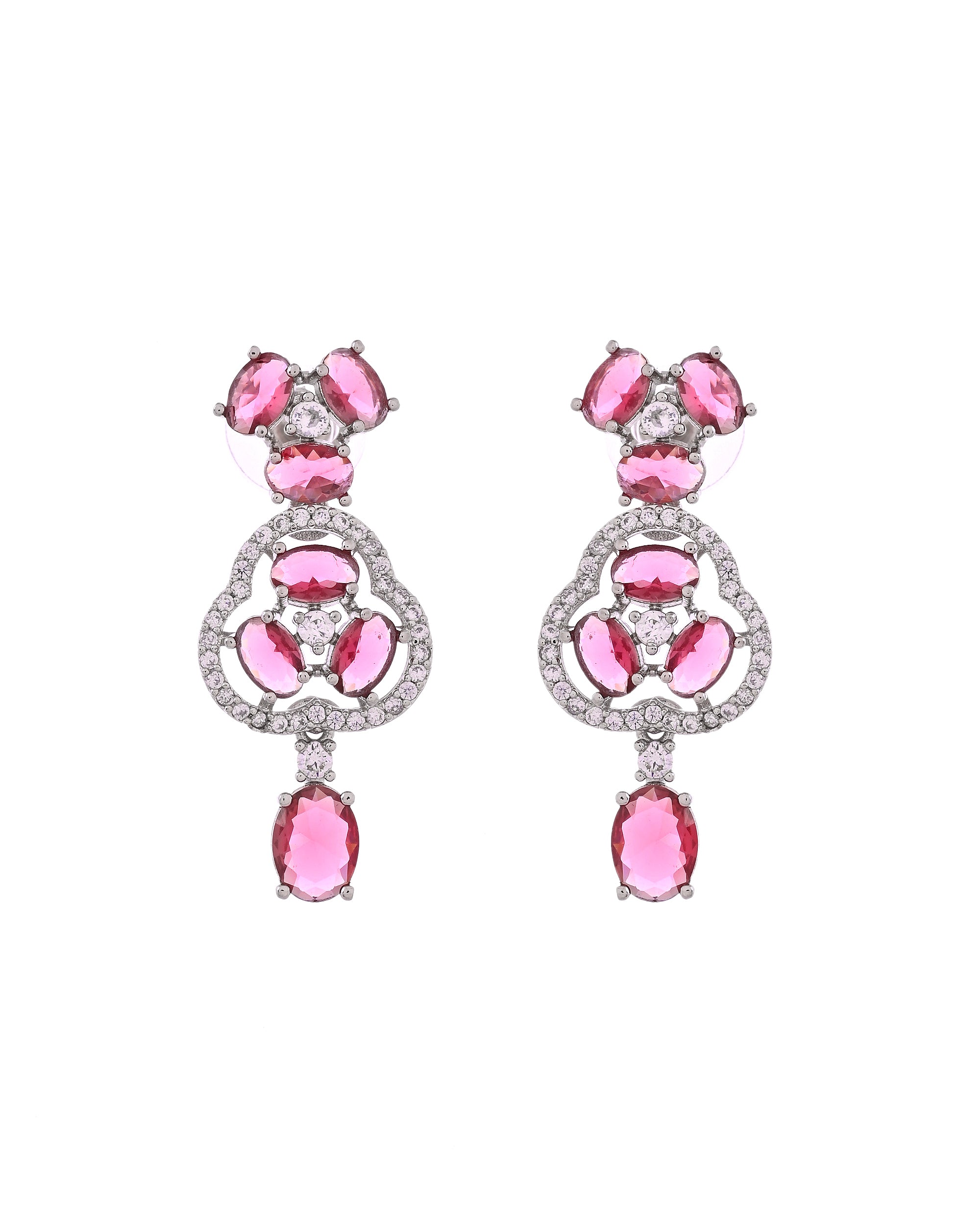 VOJ Silver Plated Ruby Red Stone Studded Ad Jewellery Set With Maang Tikka - Dista