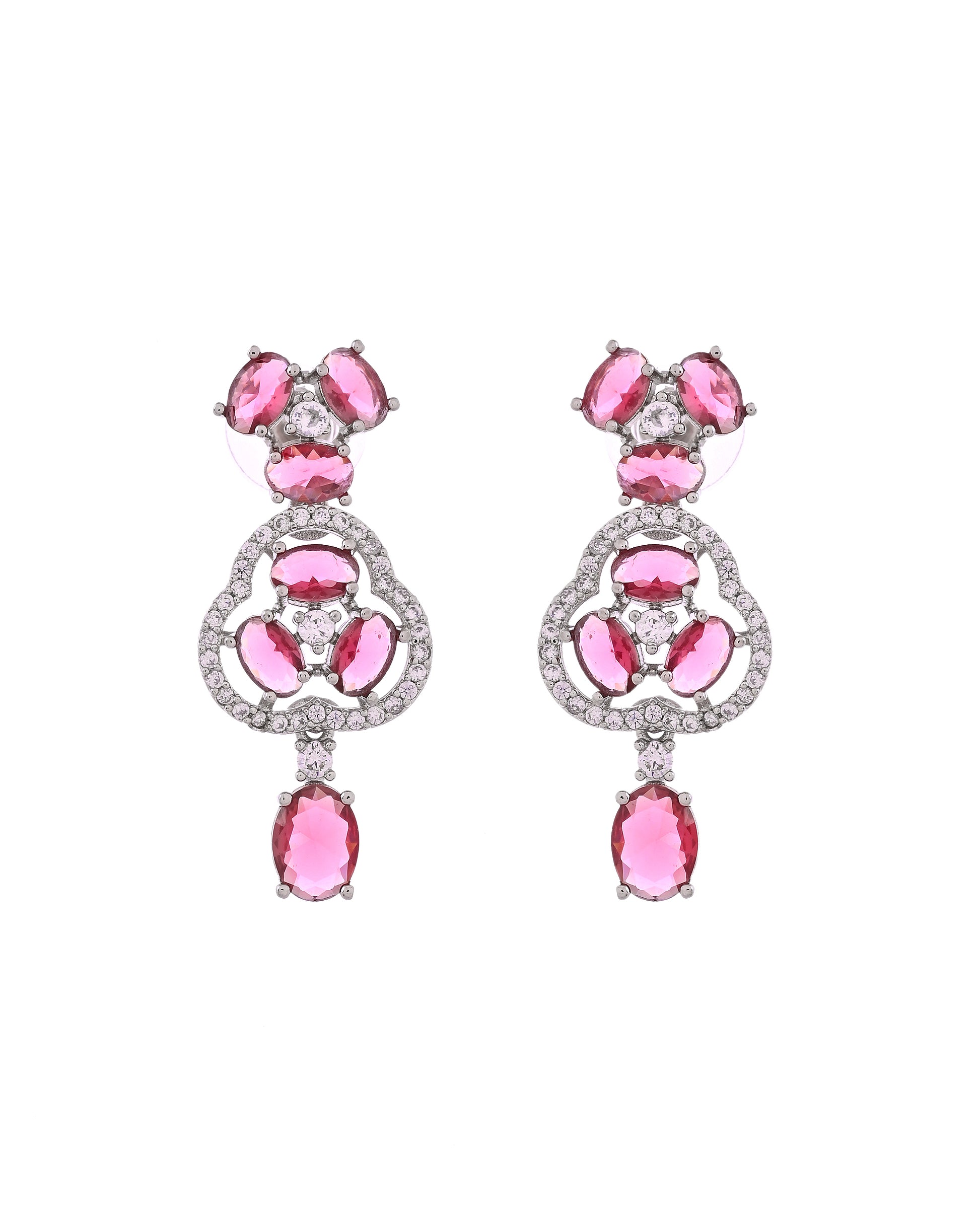 VOJ Silver Plated Ruby Red Stone Studded Ad Jewellery Set With Maang Tikka - Dista