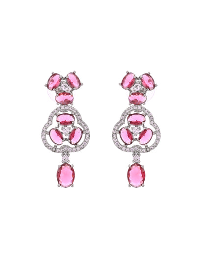 VOJ Silver Plated Ruby Red Stone Studded Ad Jewellery Set With Maang Tikka - Dista