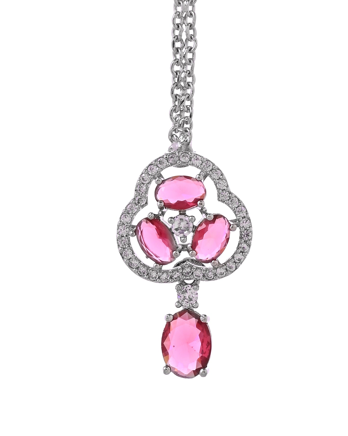 VOJ Silver Plated Ruby Red Stone Studded Ad Jewellery Set With Maang Tikka - Dista