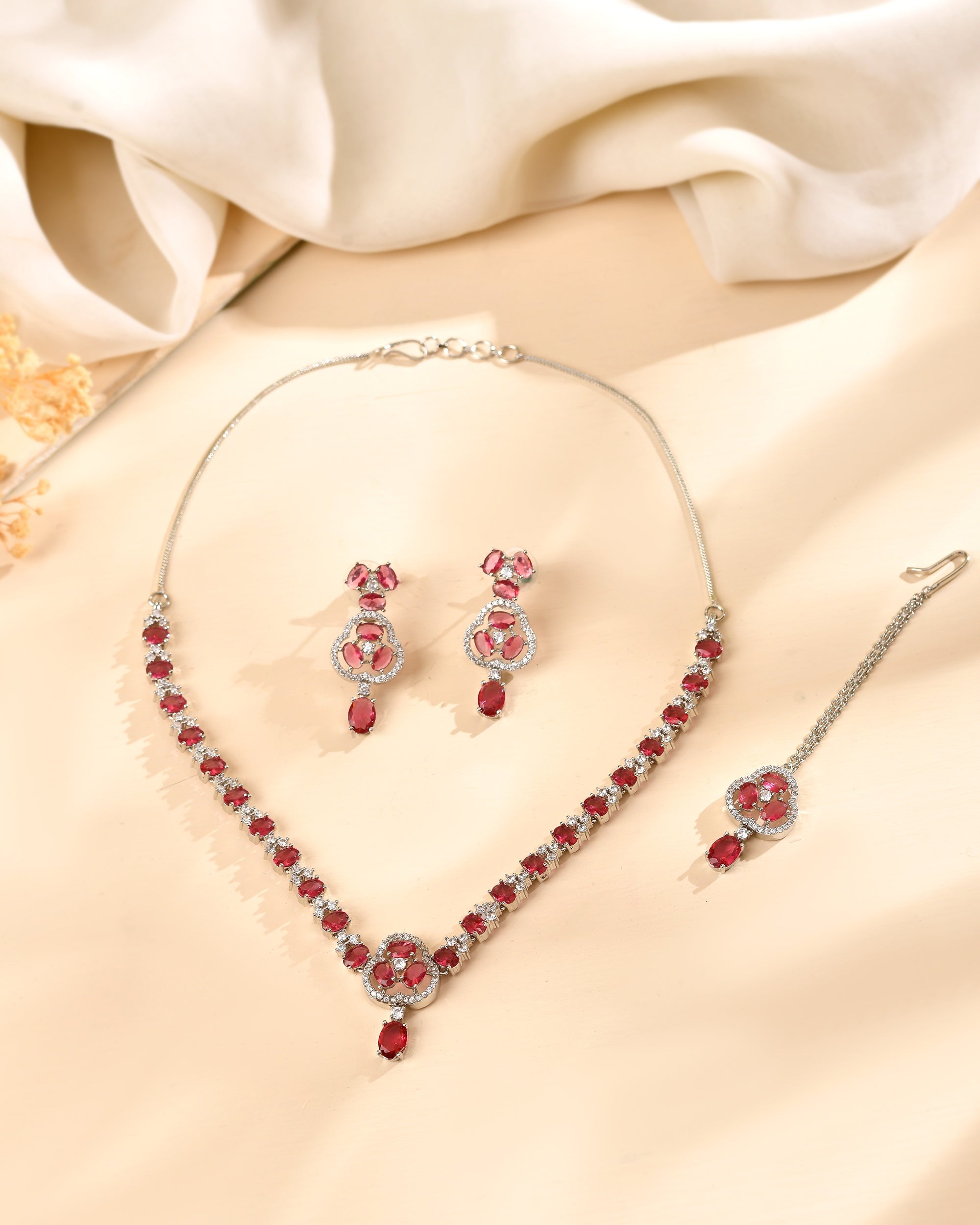 VOJ Silver Plated Ruby Red Stone Studded Ad Jewellery Set With Maang Tikka - Dista