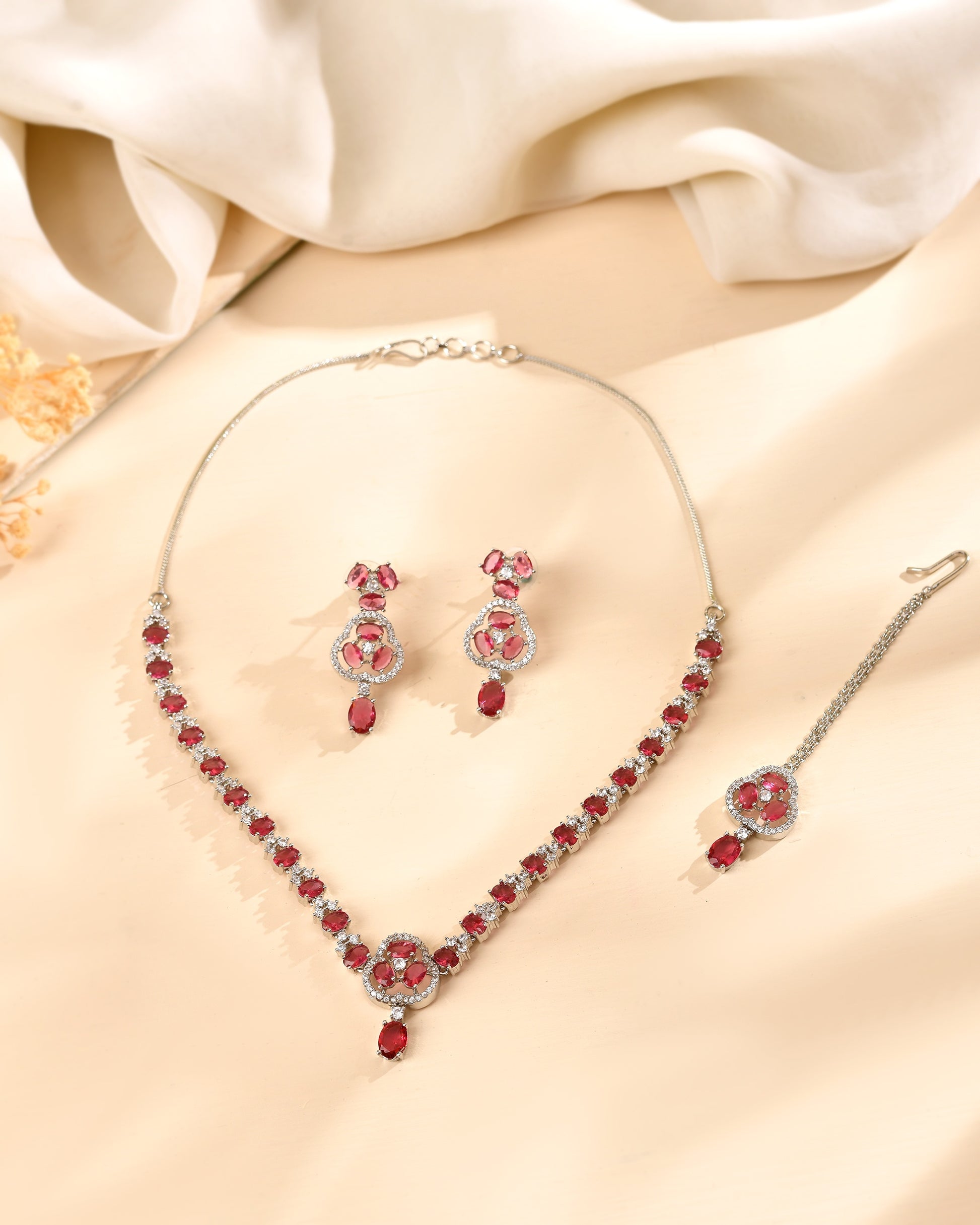 VOJ Silver Plated Ruby Red Stone Studded Ad Jewellery Set With Maang Tikka - Dista