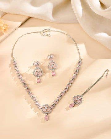 VOJ Silver Plated Baby Pink Stone Studded Ad Jewellery Set With Maang Tikka - Dista