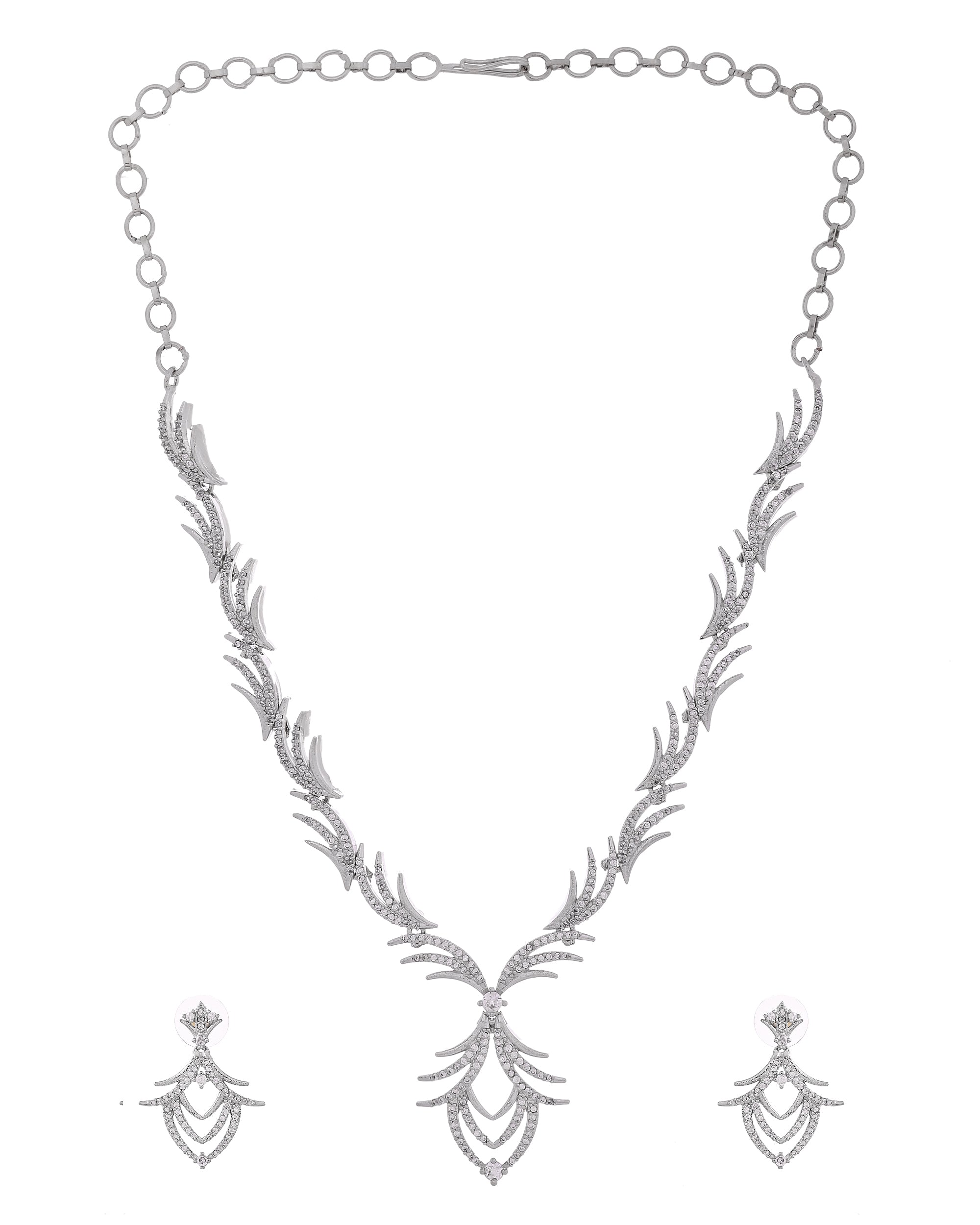 VOJ Silver Plated Cz Stone Studded Designer Elegant Necklace Set - Dista