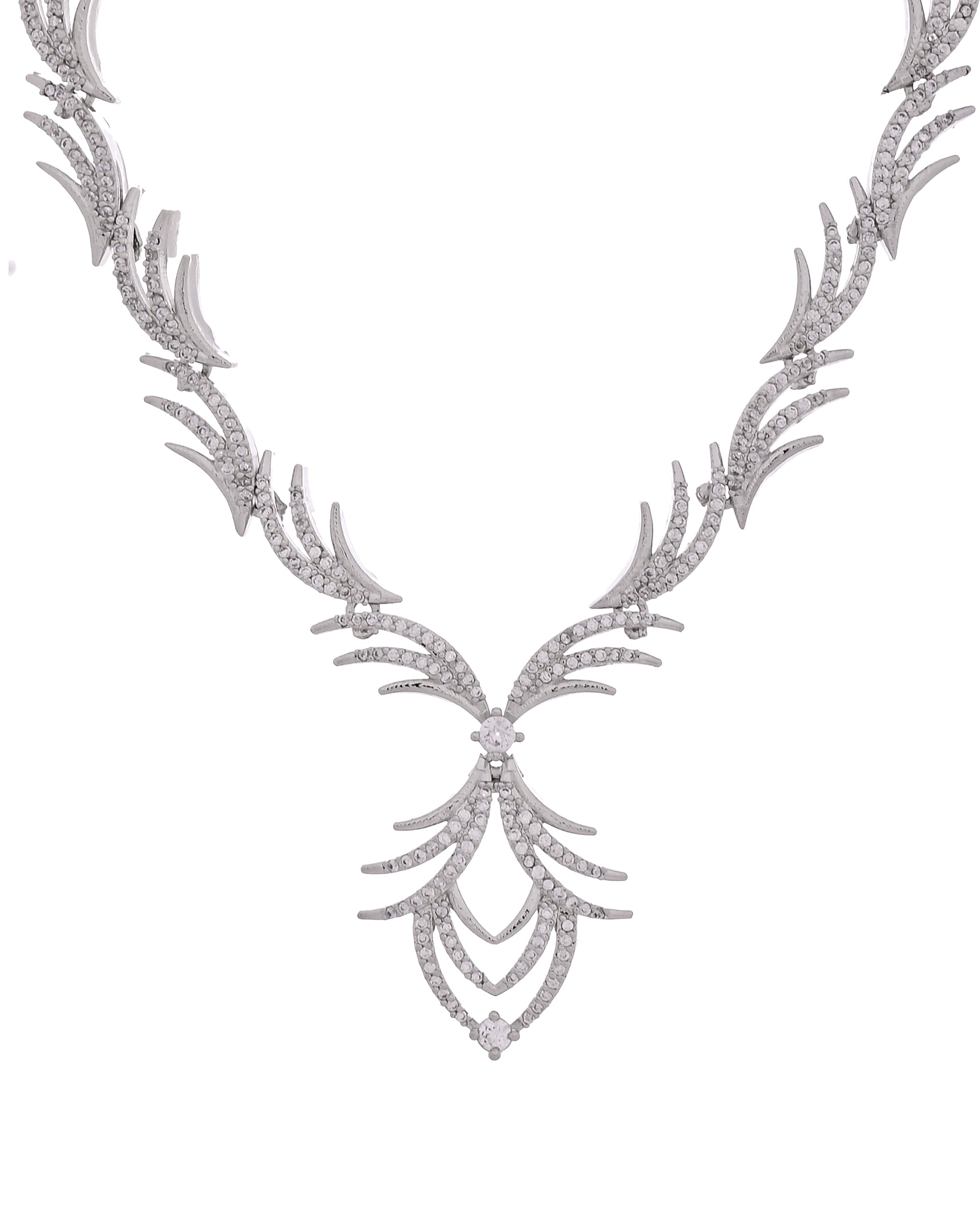 VOJ Silver Plated Cz Stone Studded Designer Elegant Necklace Set - Dista