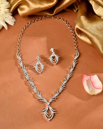 VOJ Silver Plated Cz Stone Studded Designer Elegant Necklace Set - Dista