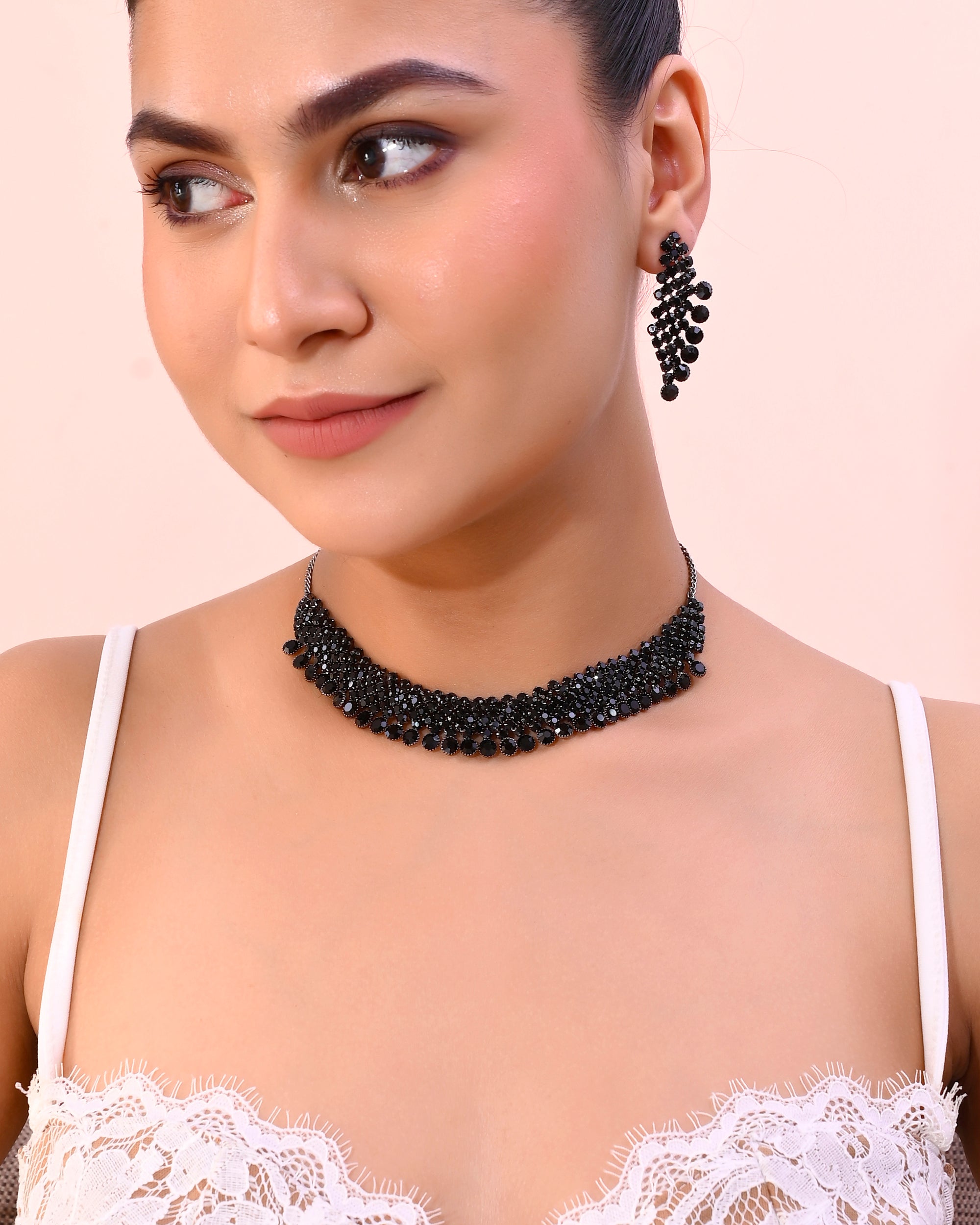 VOJ Black American Diamond Chokar Jewellery Set With Earrings - Distacart