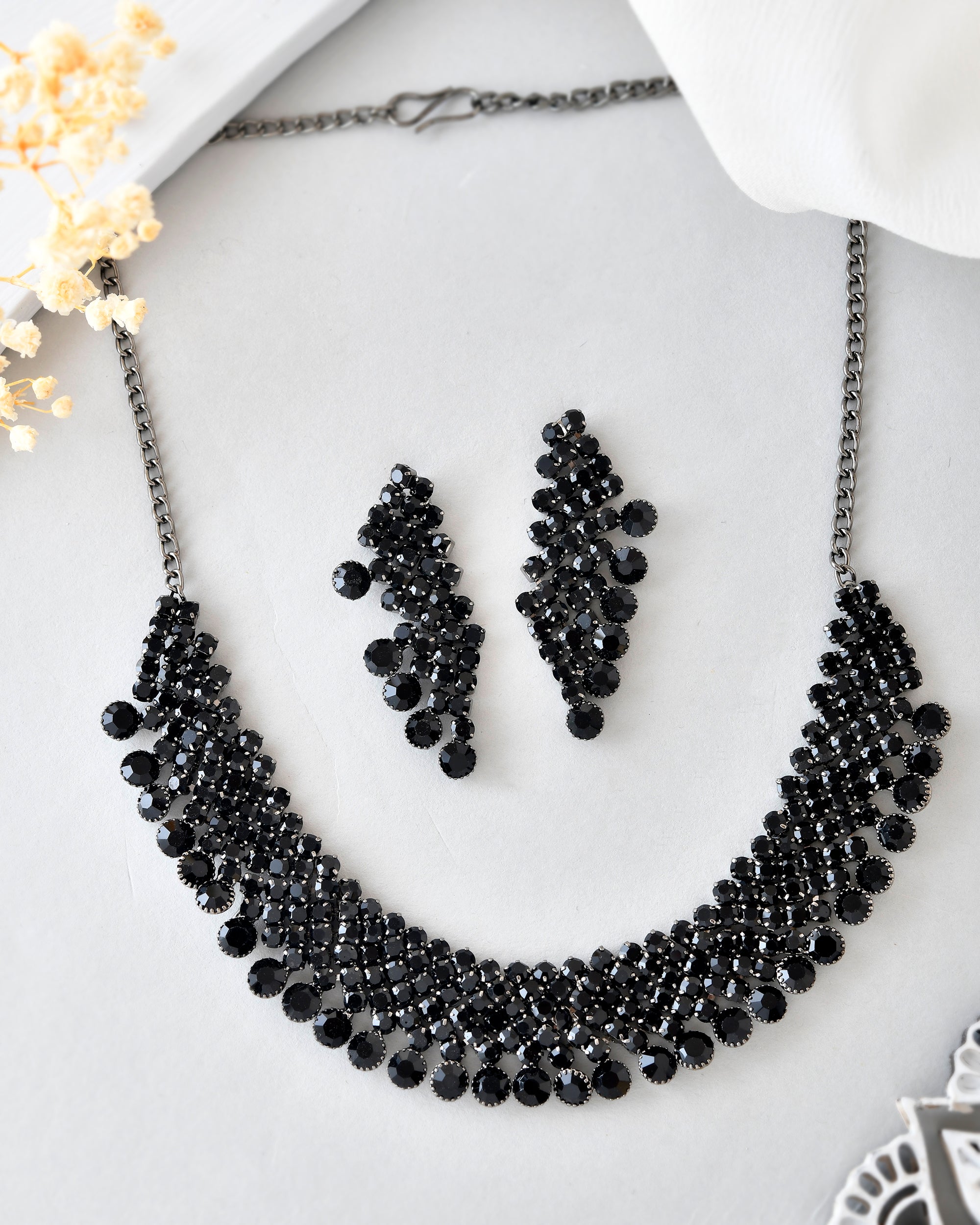 VOJ Black American Diamond Chokar Jewellery Set With Earrings - Distacart