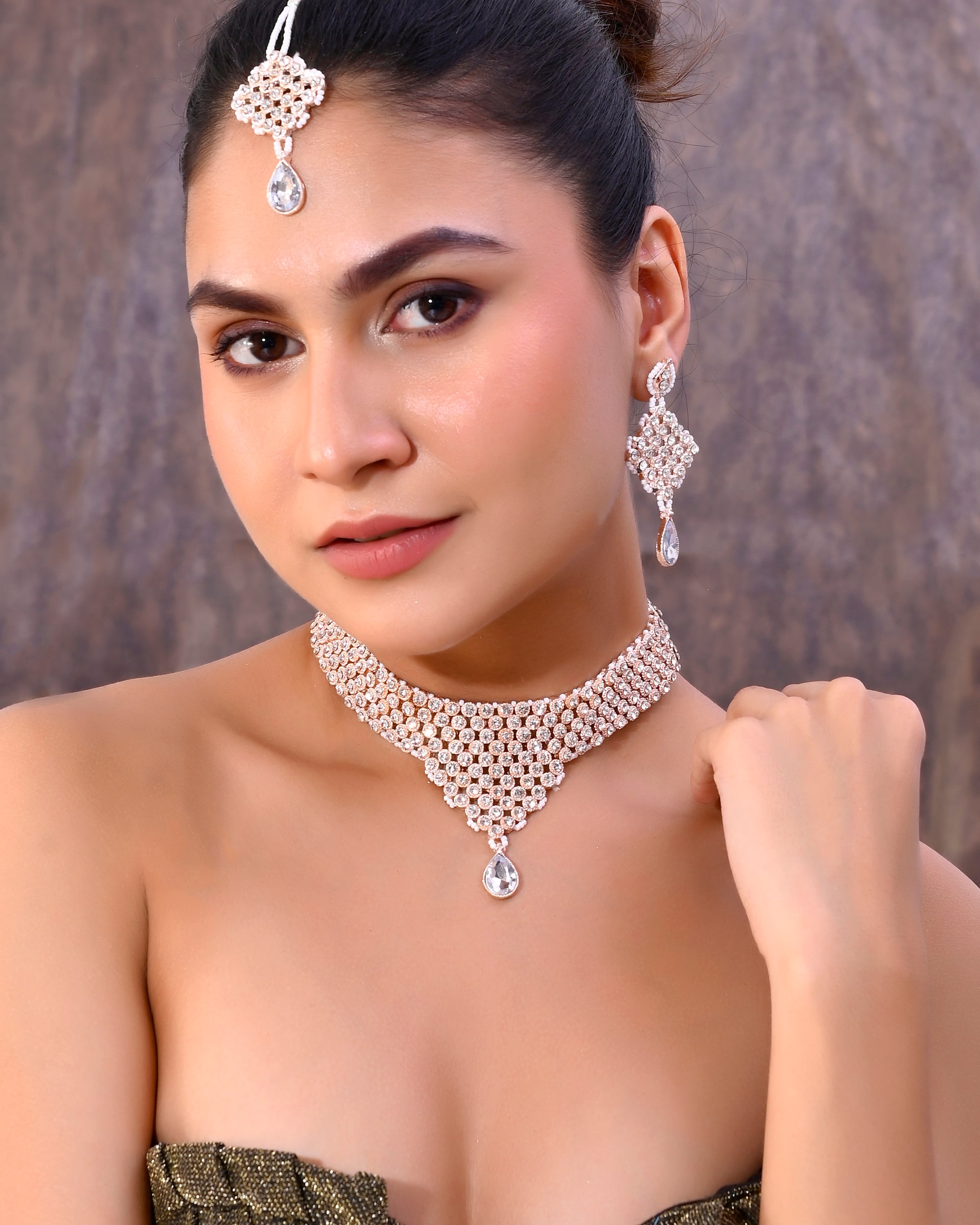 VOJ Silver Plated Party Wear AD Choker Necklace Jewellery Set - Distacart