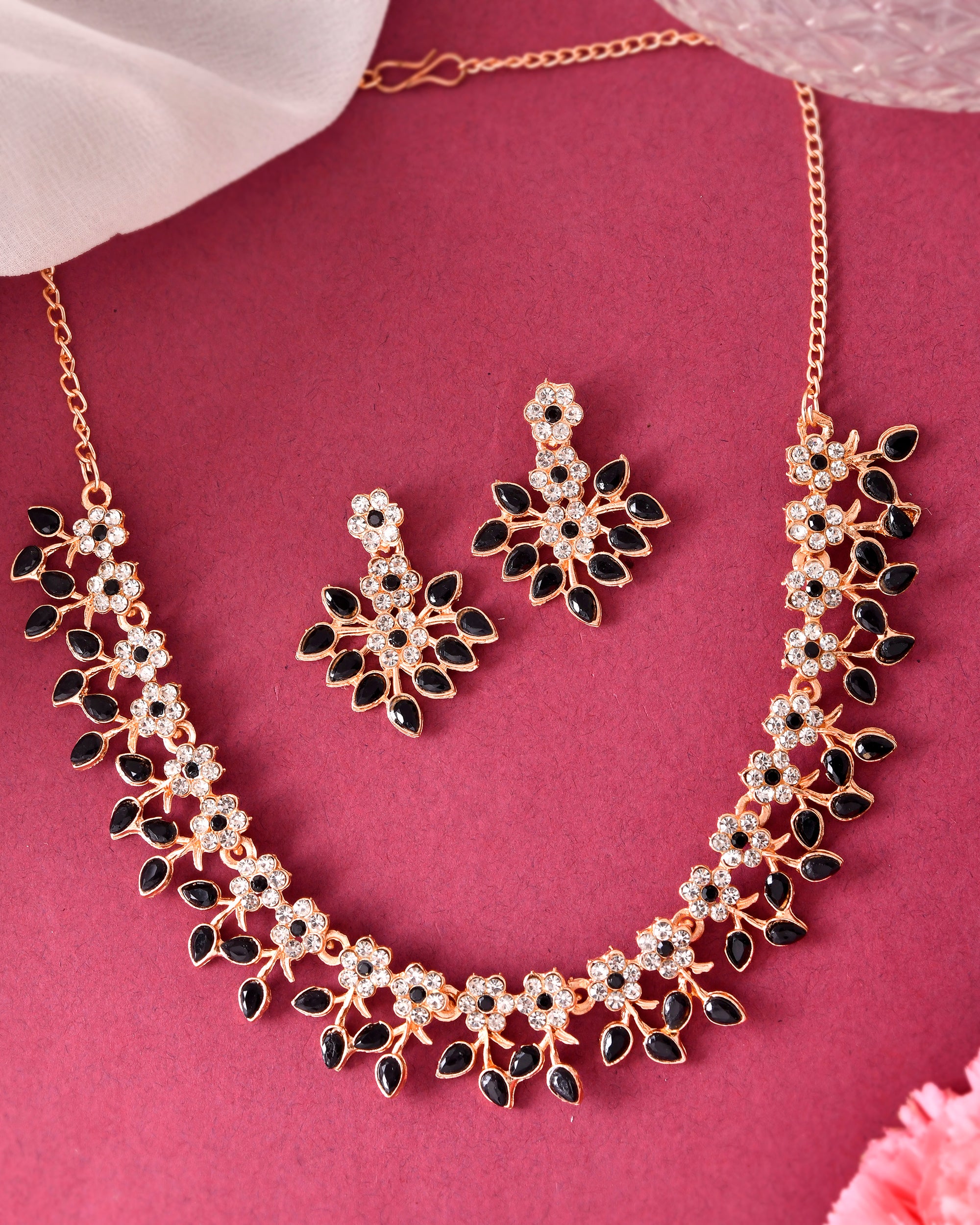 VOJ Gold-Polished Black & White Stone Studded Jewellery Set - Distacart