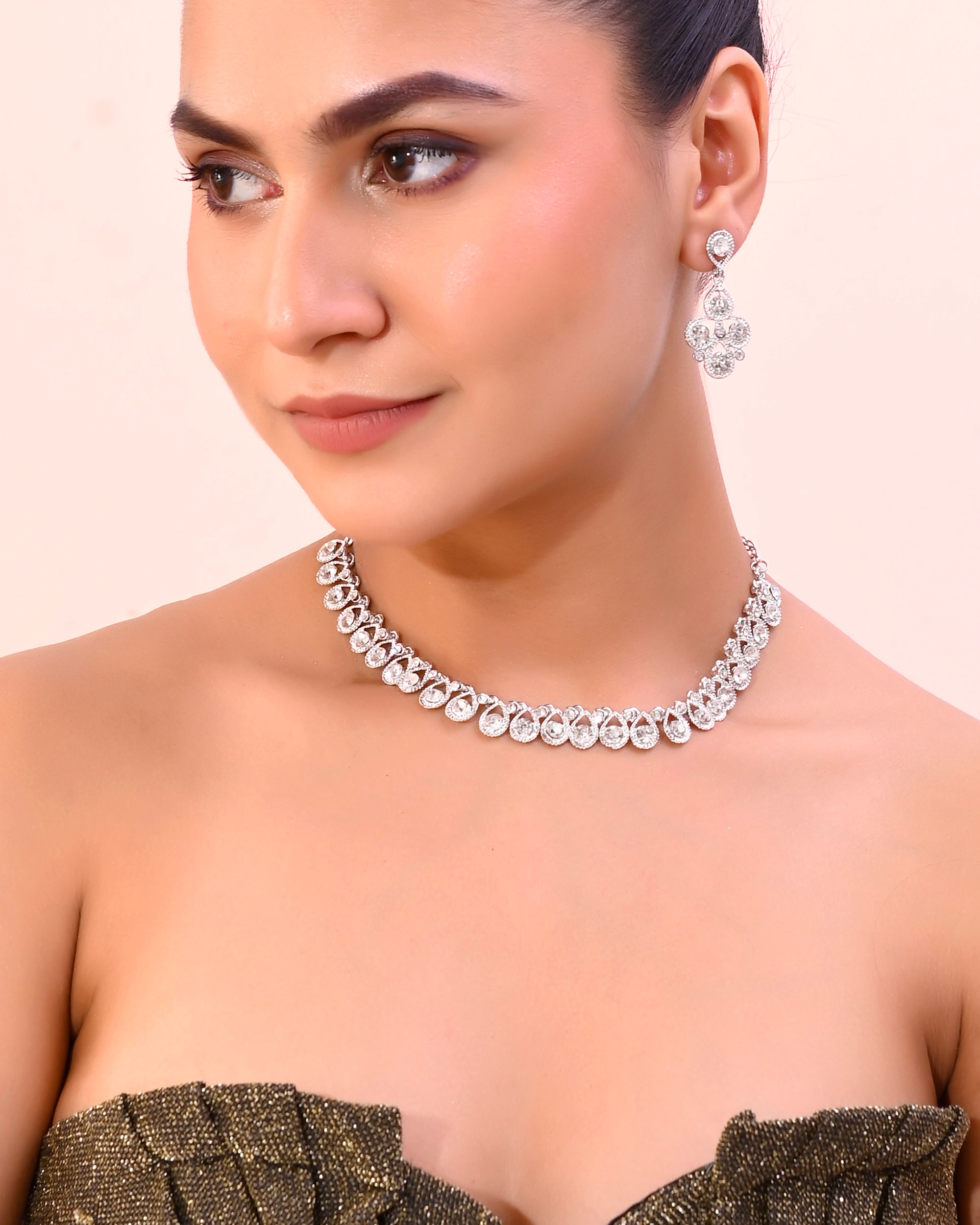 VOJ AD Stone Studded Silver Plated Necklace and Earrings Set - Distacart