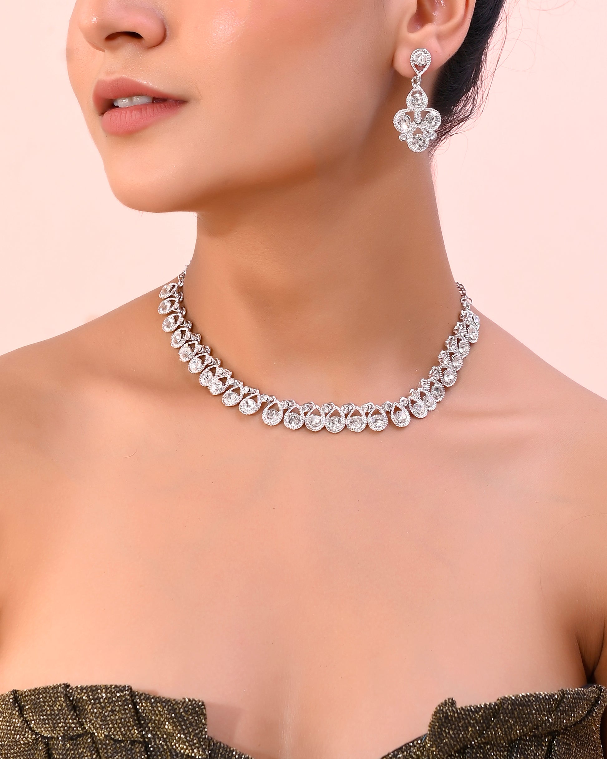 VOJ AD Stone Studded Silver Plated Necklace and Earrings Set - Distacart