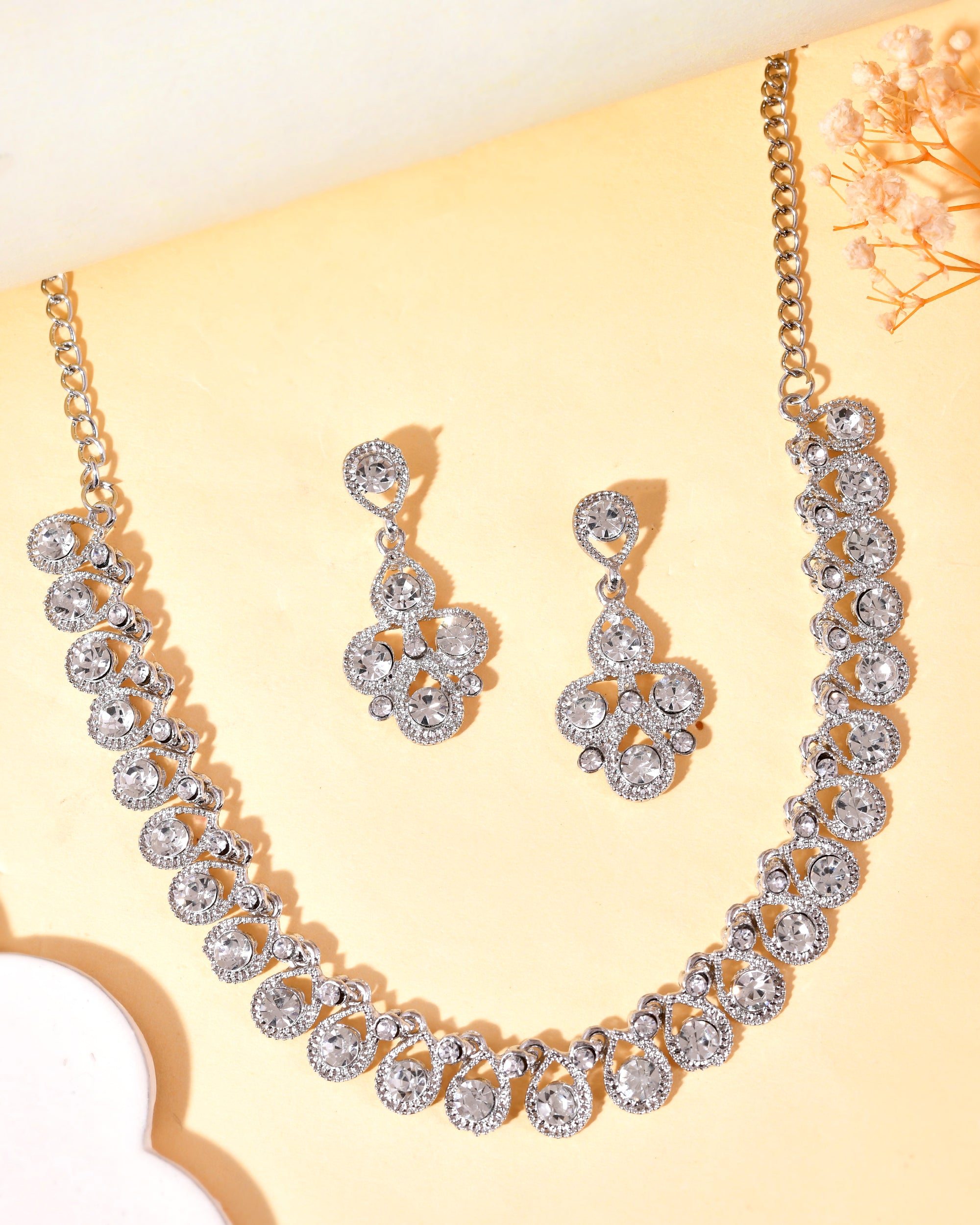 VOJ AD Stone Studded Silver Plated Necklace and Earrings Set - Distacart