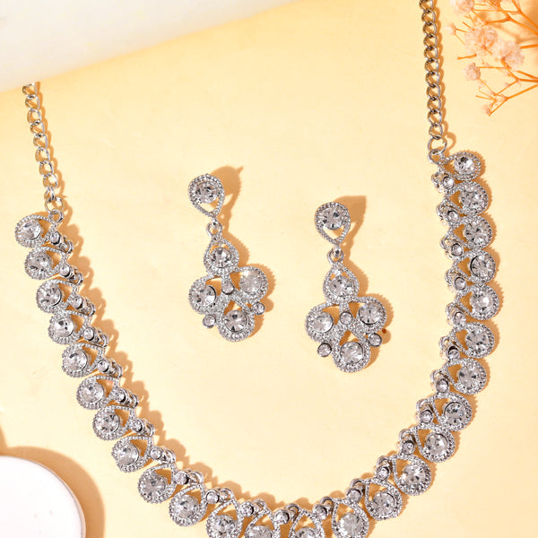 VOJ AD Stone Studded Silver Plated Necklace and Earrings Set - Distacart