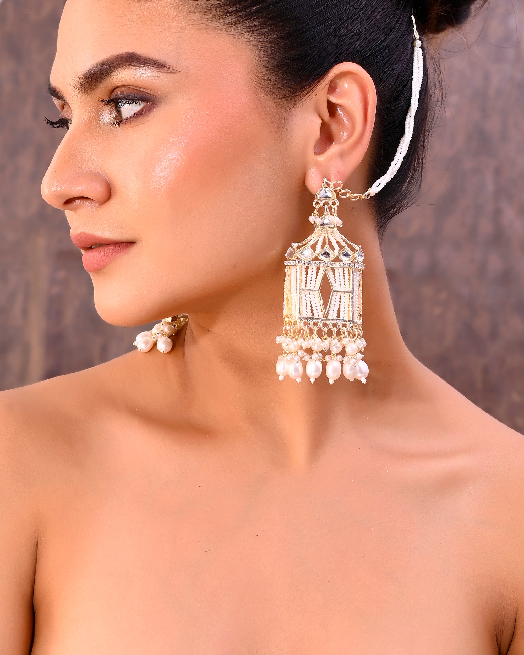 VOJ Gold-Polished Handcrafted Pearls Beaded ChandBali Earrings with Kan Chain - Distacart