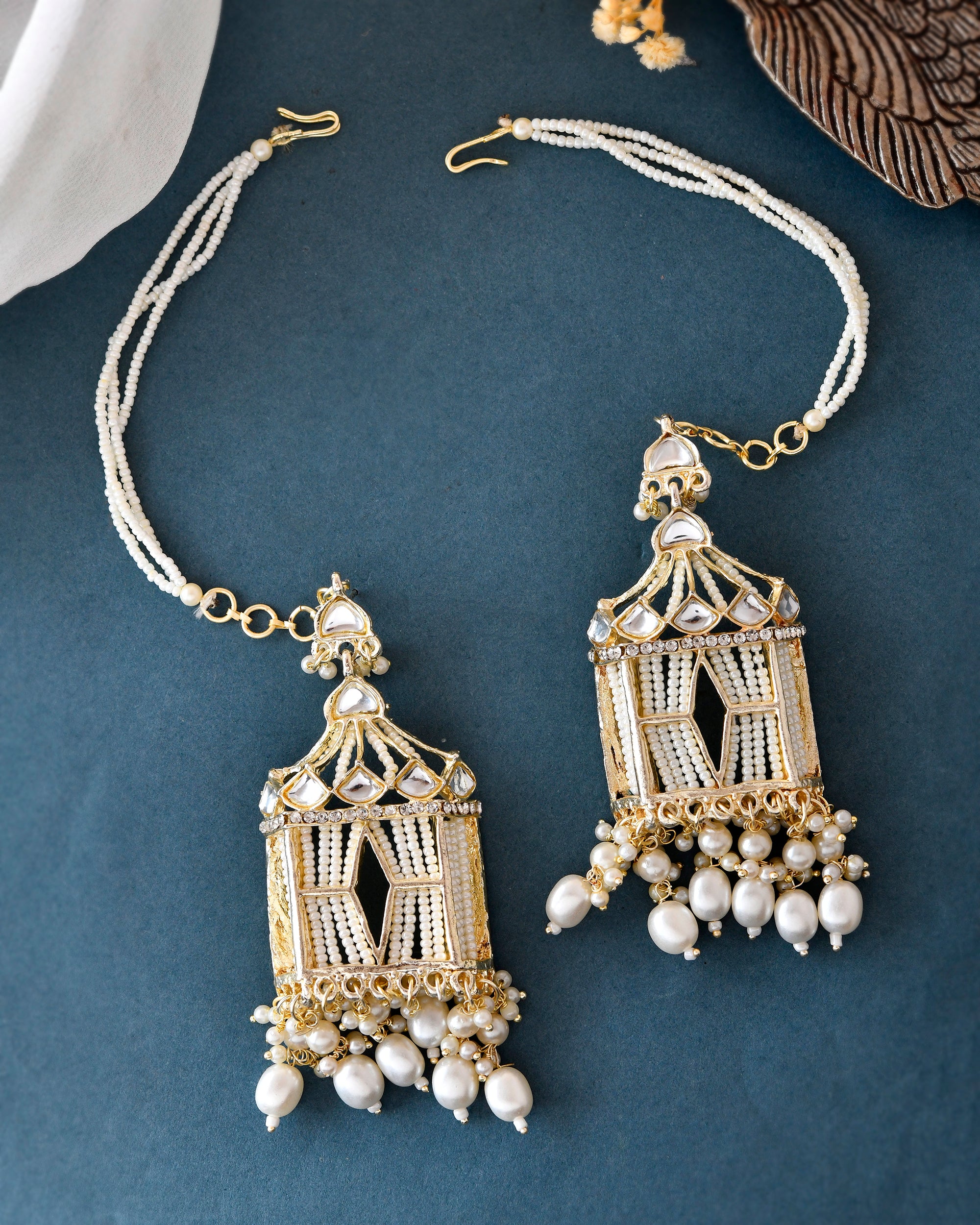 VOJ Gold-Polished Handcrafted Pearls Beaded ChandBali Earrings with Kan Chain - Distacart