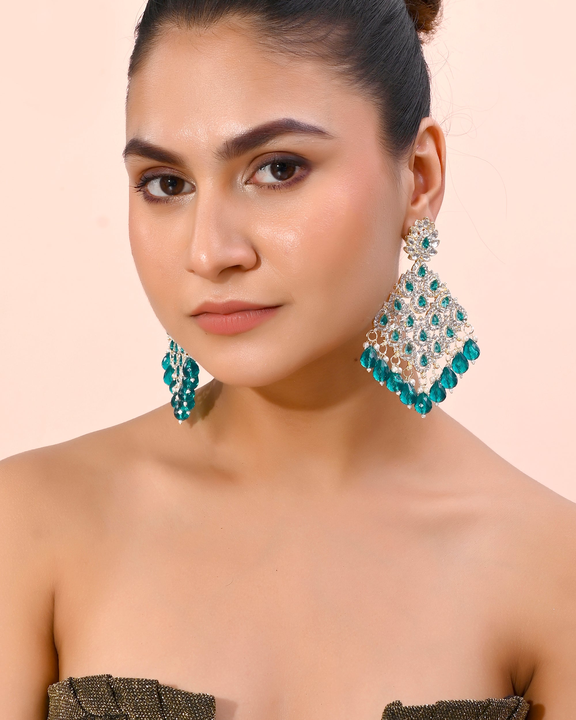VOJ Traditional Gold-Polished Green & White AD Stone Statement Earrings - Distacart
