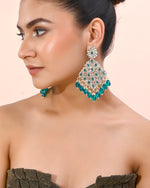 Thumbnail for VOJ Traditional Gold-Polished Green & White AD Stone Statement Earrings - Distacart