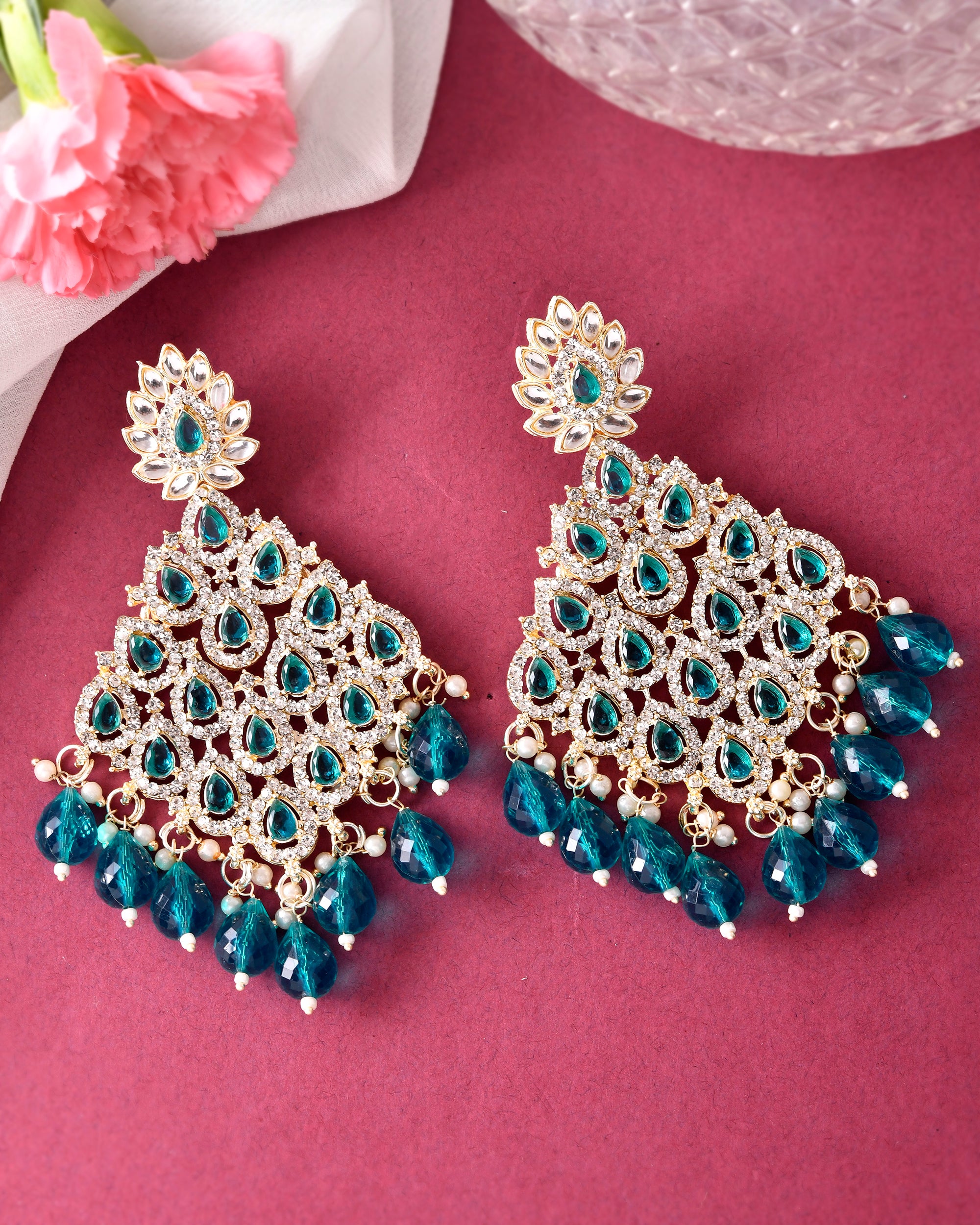 VOJ Traditional Gold-Polished Green & White AD Stone Statement Earrings - Distacart