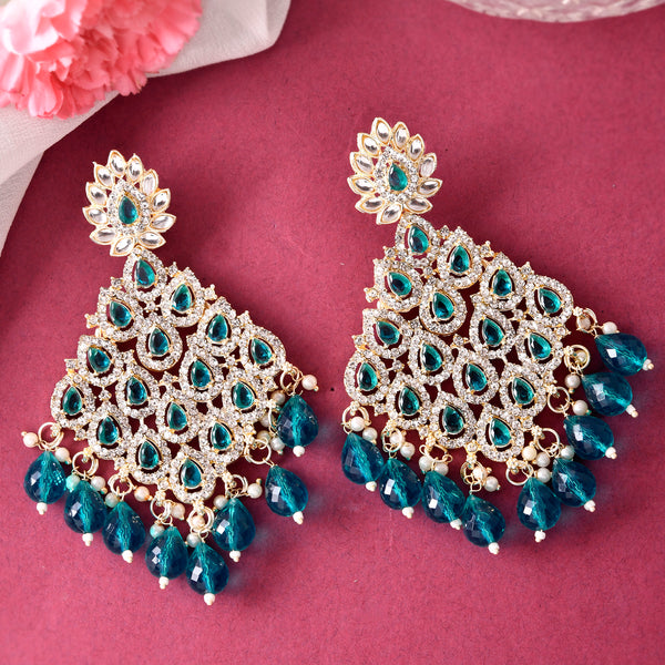 VOJ Traditional Gold-Polished Green & White AD Stone Statement Earrings - Distacart