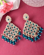 Thumbnail for VOJ Traditional Gold-Polished Green & White AD Stone Statement Earrings - Distacart