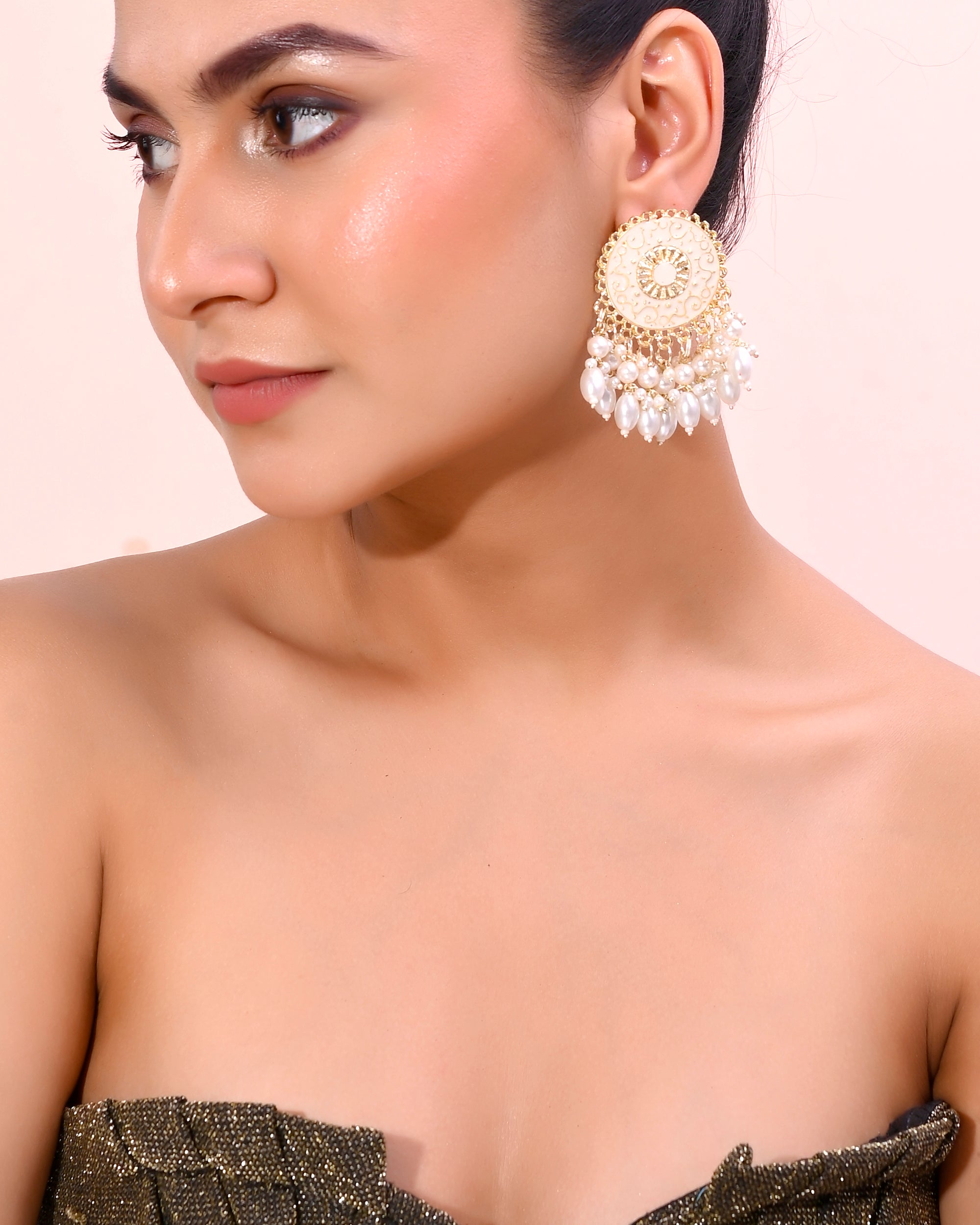 VOJ Gold-Polished White circular Earrings With Pearls - Distacart