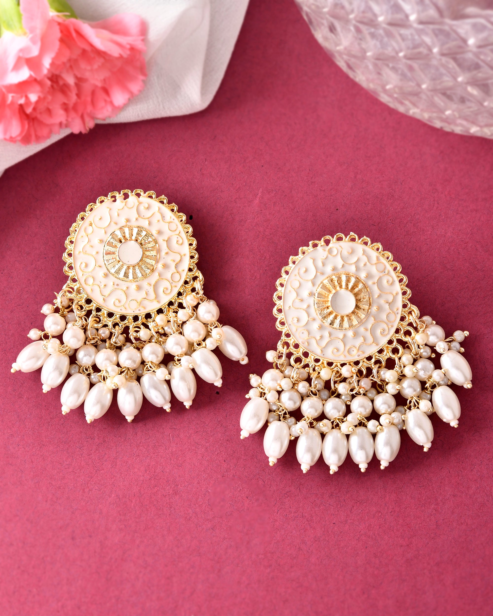VOJ Gold-Polished White circular Earrings With Pearls - Distacart