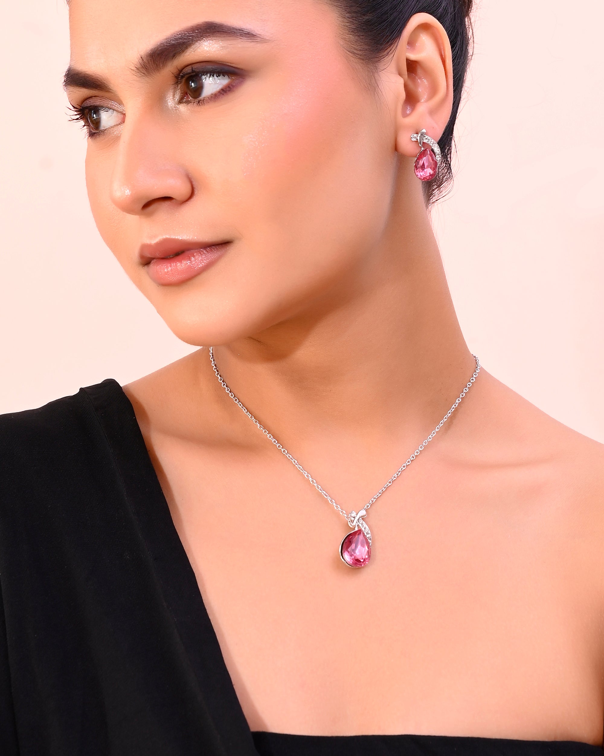 VOJ Silver Plated Chan with Pink and White AD stone Studded Pendant and Earrings Set - Distacart