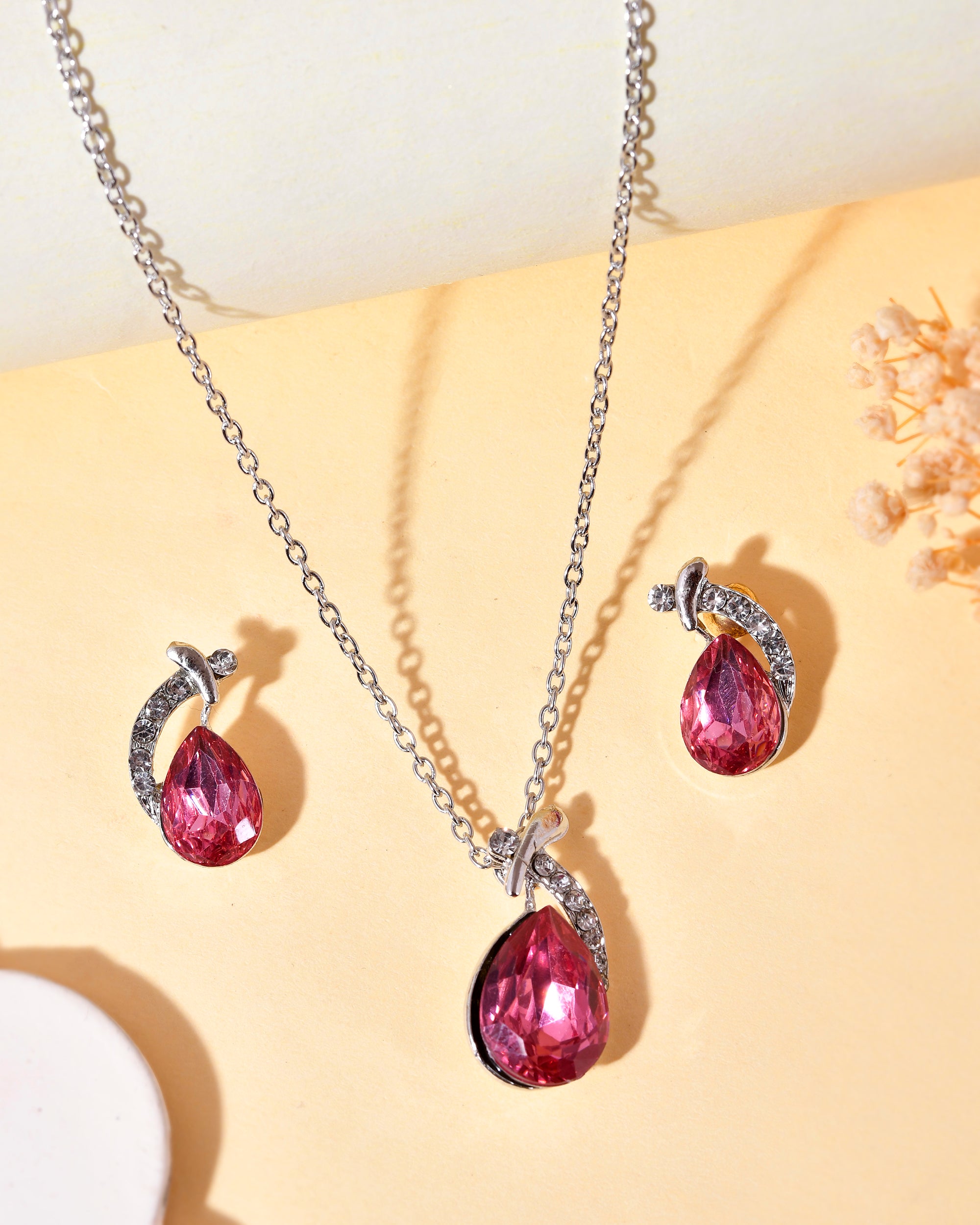 VOJ Silver Plated Chan with Pink and White AD stone Studded Pendant and Earrings Set - Distacart