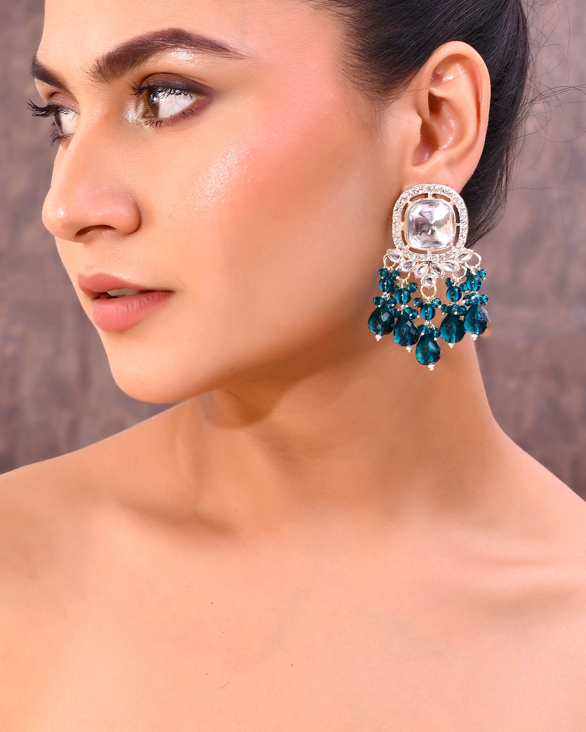 VOJ Silver Plated Kundan Earrings with Teal colour Pearls - Distacart