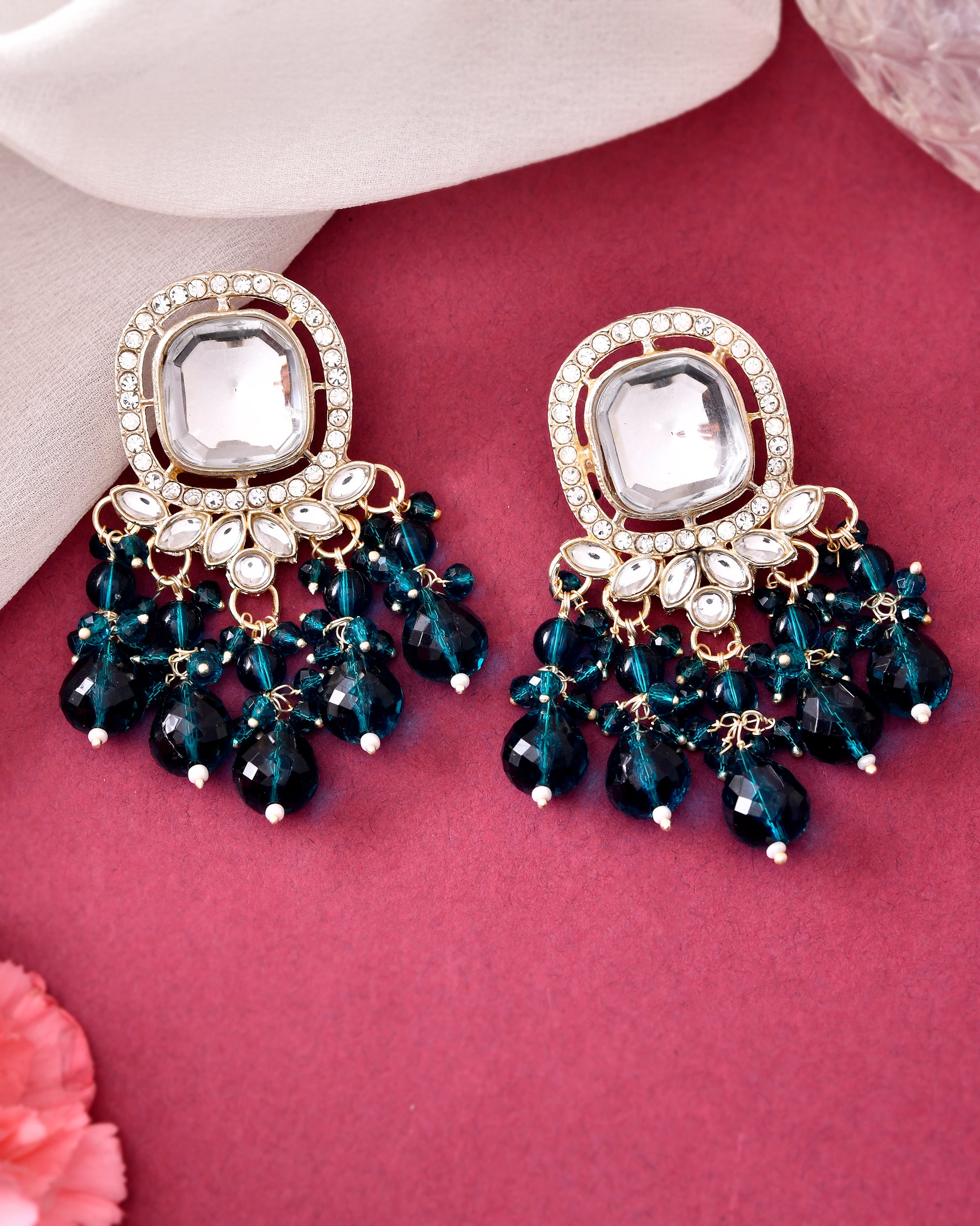 VOJ Silver Plated Kundan Earrings with Teal colour Pearls - Distacart