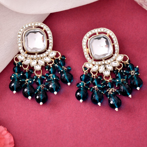 VOJ Silver Plated Kundan Earrings with Teal colour Pearls - Distacart
