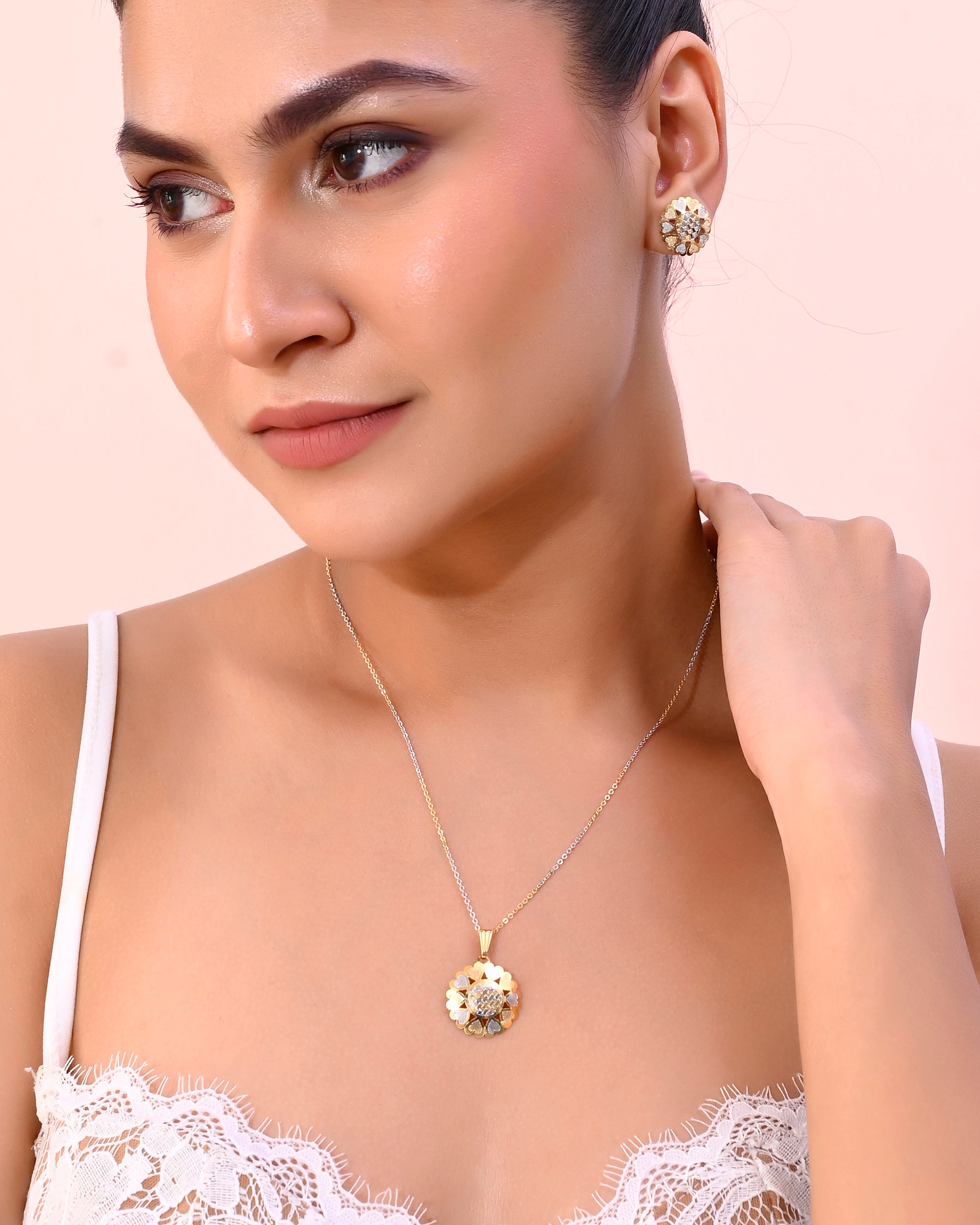 VOJ White and Yellow Gold-Polished Chain With Flower shaped Pandent And Flower shaped Earrings - Distacart