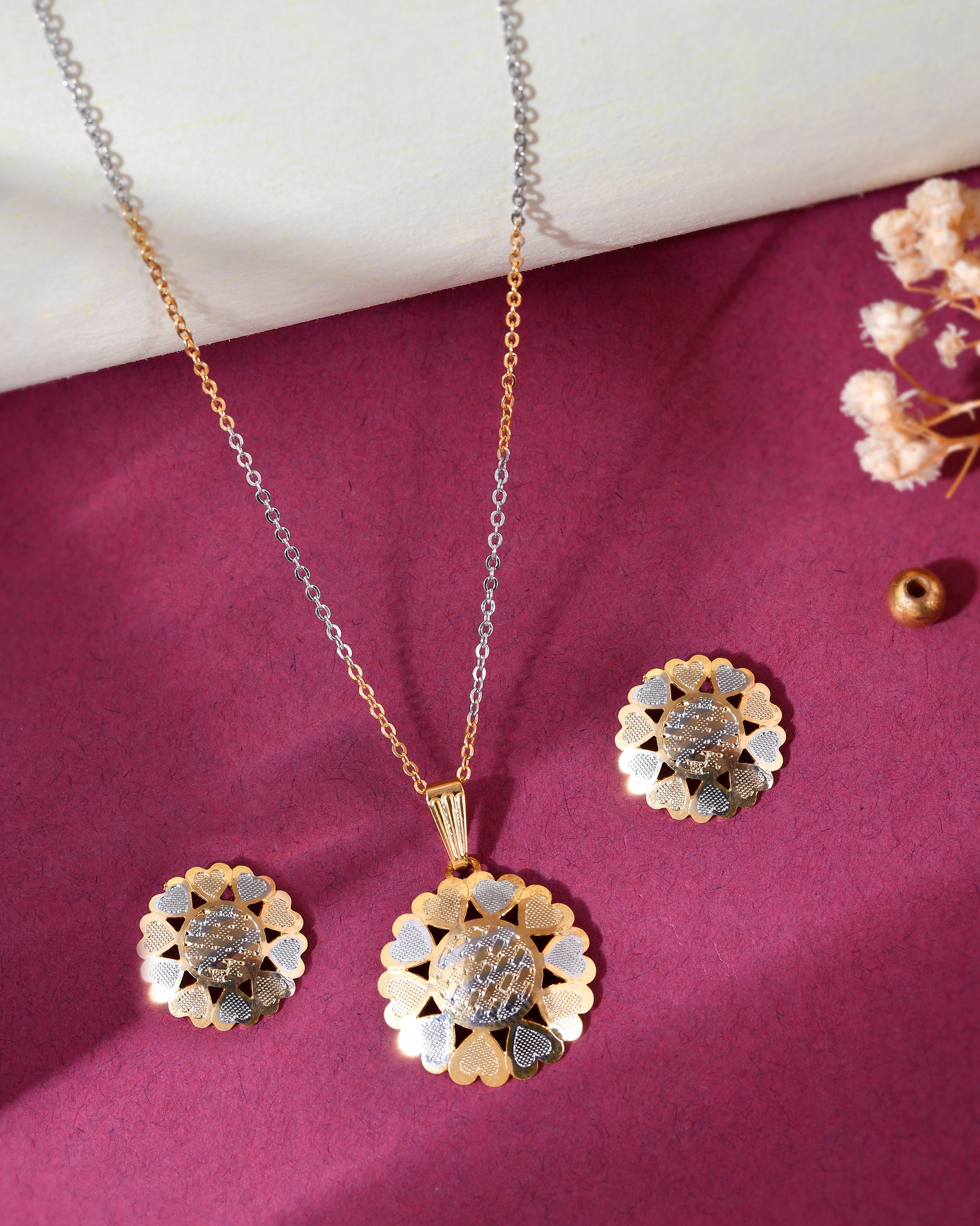 VOJ White and Yellow Gold-Polished Chain With Flower shaped Pandent And Flower shaped Earrings - Distacart