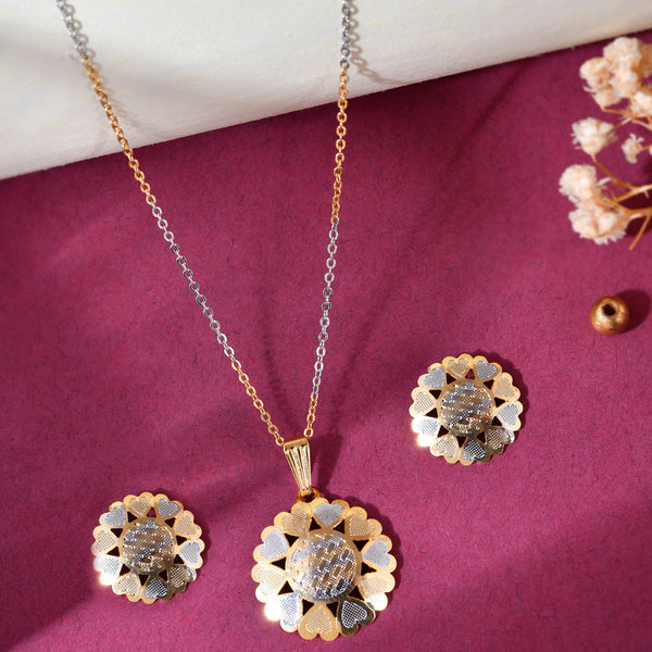 VOJ White and Yellow Gold-Polished Chain With Flower shaped Pandent And Flower shaped Earrings - Distacart