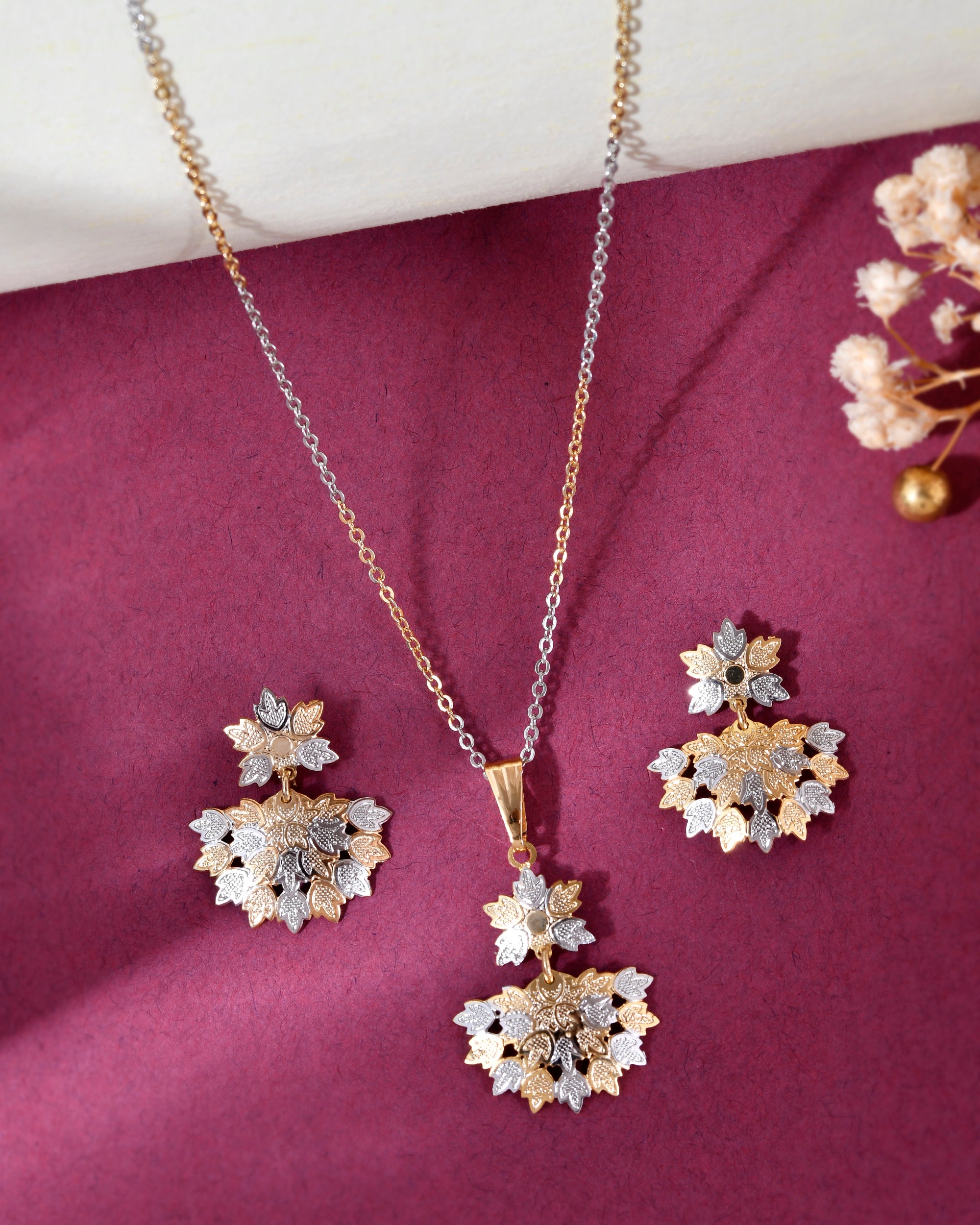 VOJ White and Yellow Gold-Polished Chain With Leaf shaped Pandent And Leaf shaped Earrings - Distacart