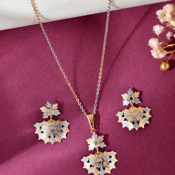 VOJ White and Yellow Gold-Polished Chain With Leaf shaped Pandent And Leaf shaped Earrings - Distacart