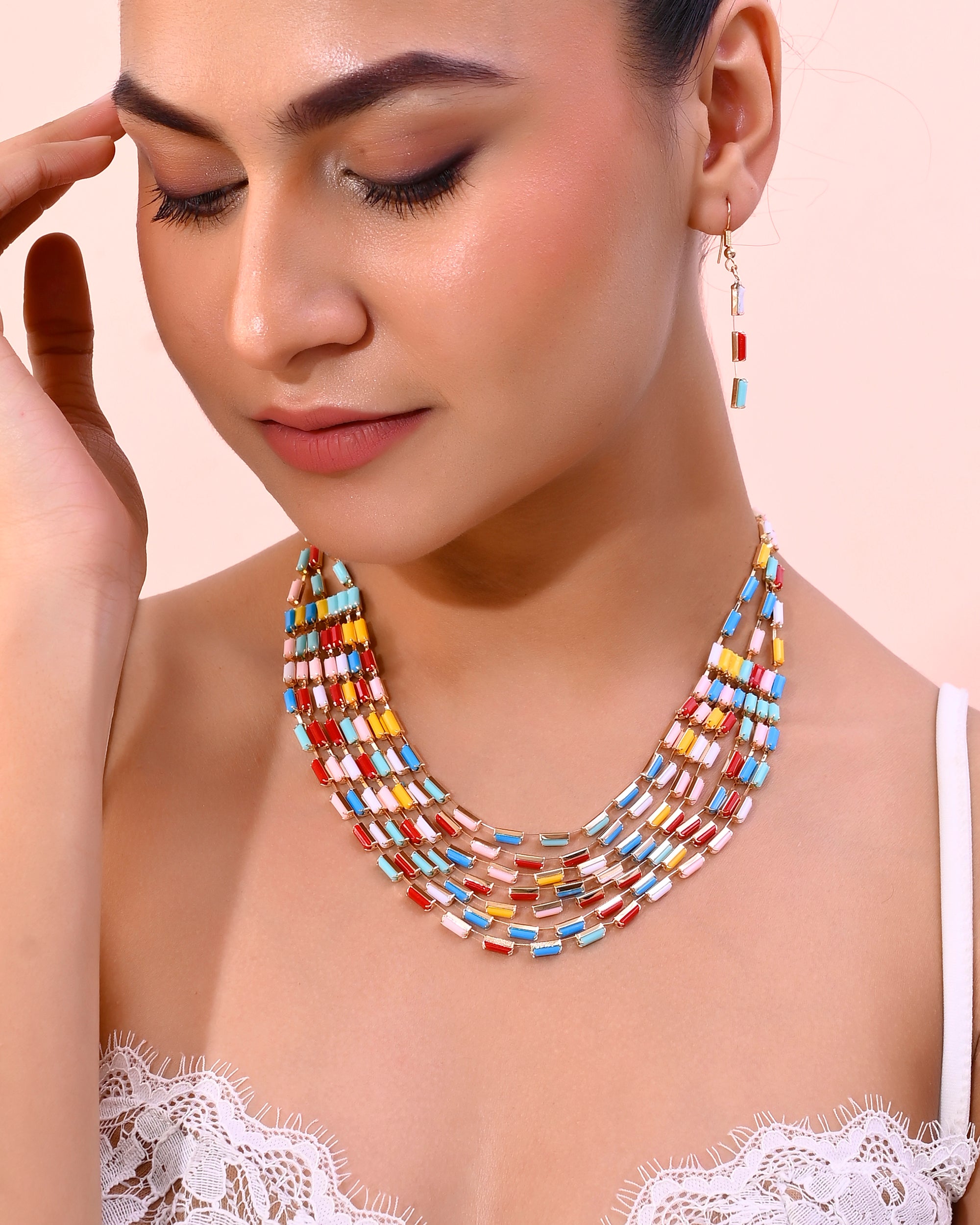 VOJ Multi Coloured Long Necklace With Earrings Set - Distacart